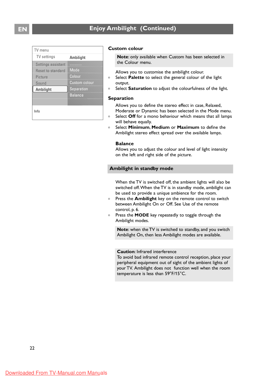 Philips 37-42-50PF9631D, 10 42PF9641D/10 user manual Custom colour, Separation, Ambilight in standby mode 