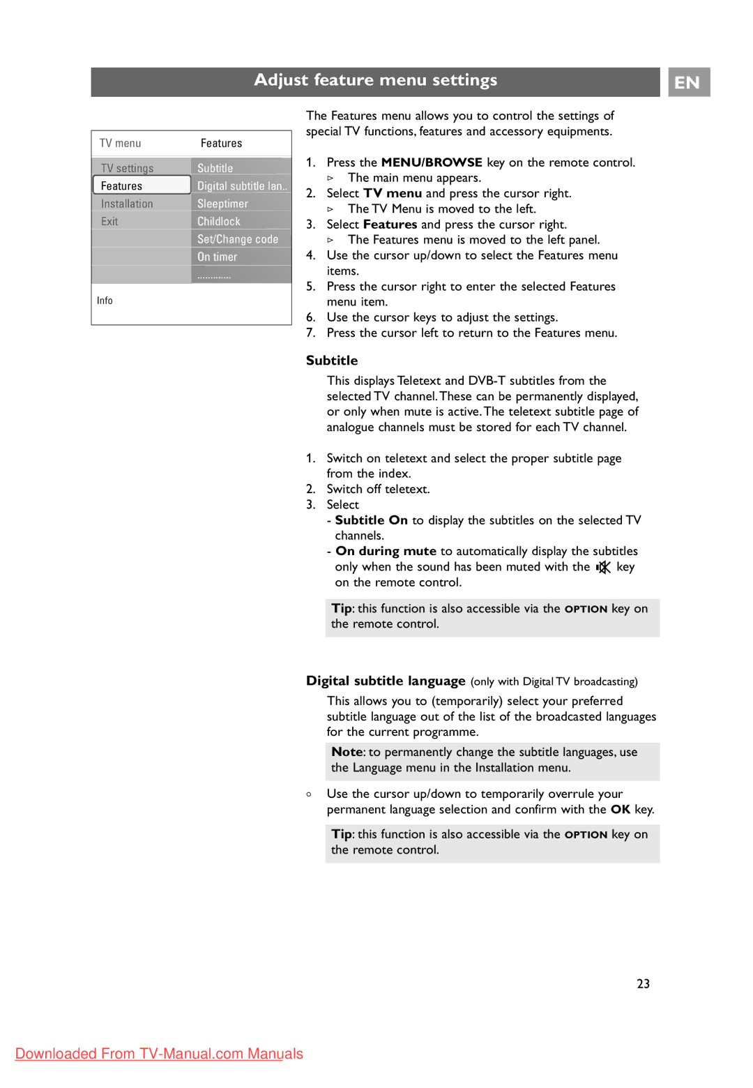 Philips 10 42PF9641D/10, 37-42-50PF9631D user manual Adjust feature menu settings, Subtitle 