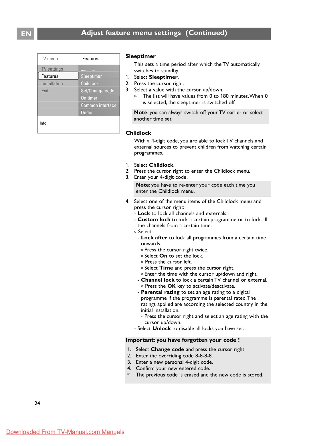 Philips 37-42-50PF9631D user manual Important you have forgotten your code, Select Sleeptimer, Select Childlock 