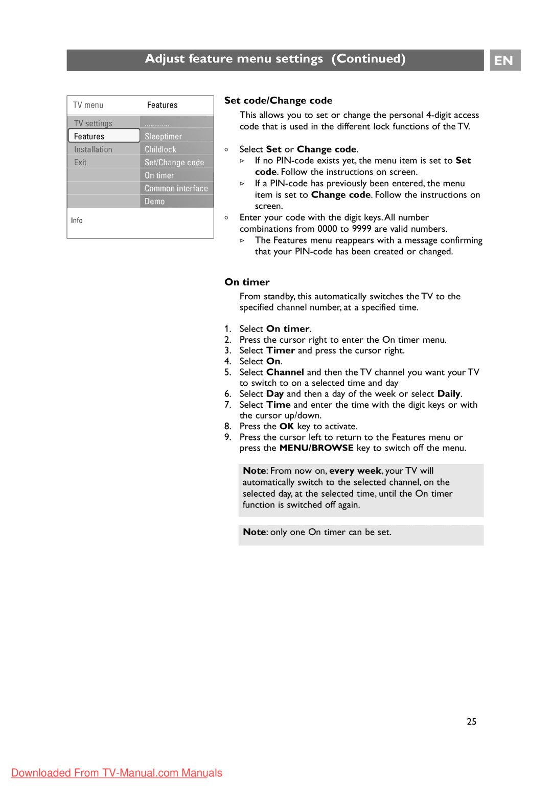 Philips 10 42PF9641D/10, 37-42-50PF9631D user manual Set code/Change code, On timer, Select Set or Change code 