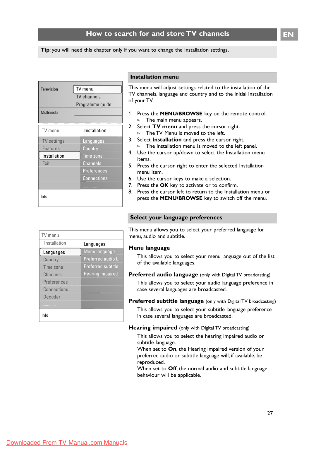 Philips 10 42PF9641D/10 How to search for and store TV channels, Installation menu, Select your language preferences 