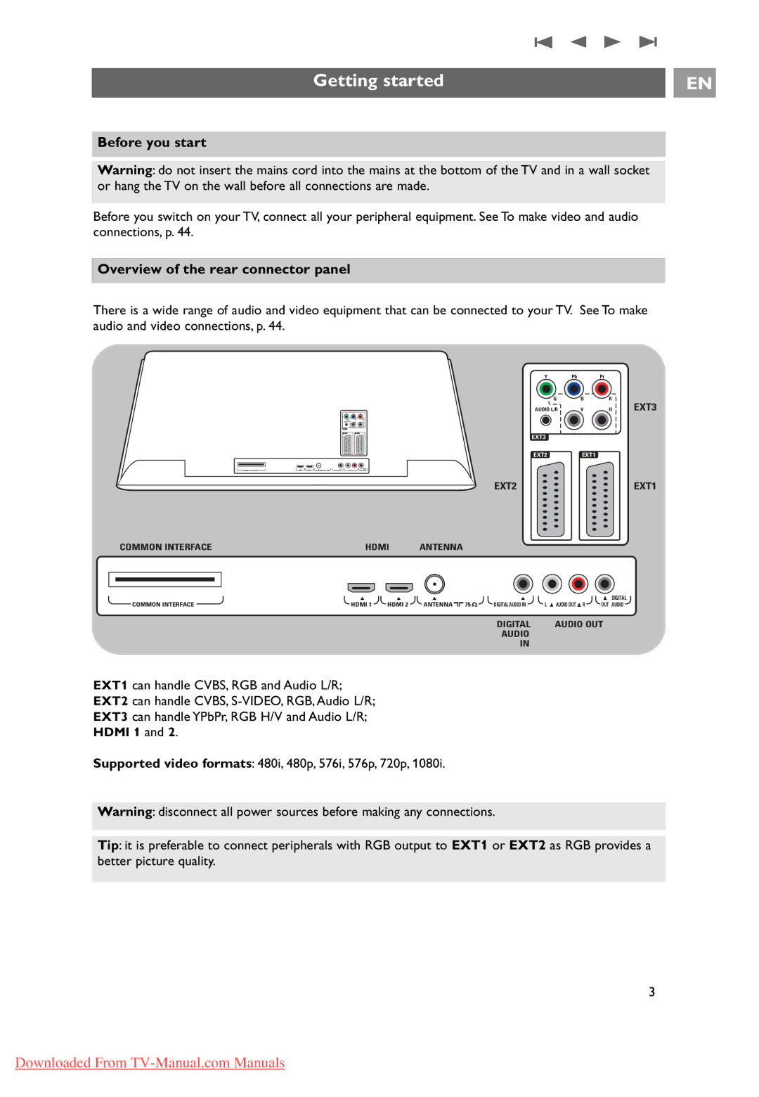 Philips 10 42PF9641D/10, 37-42-50PF9631D user manual Getting started, Before you start, Overview of the rear connector panel 