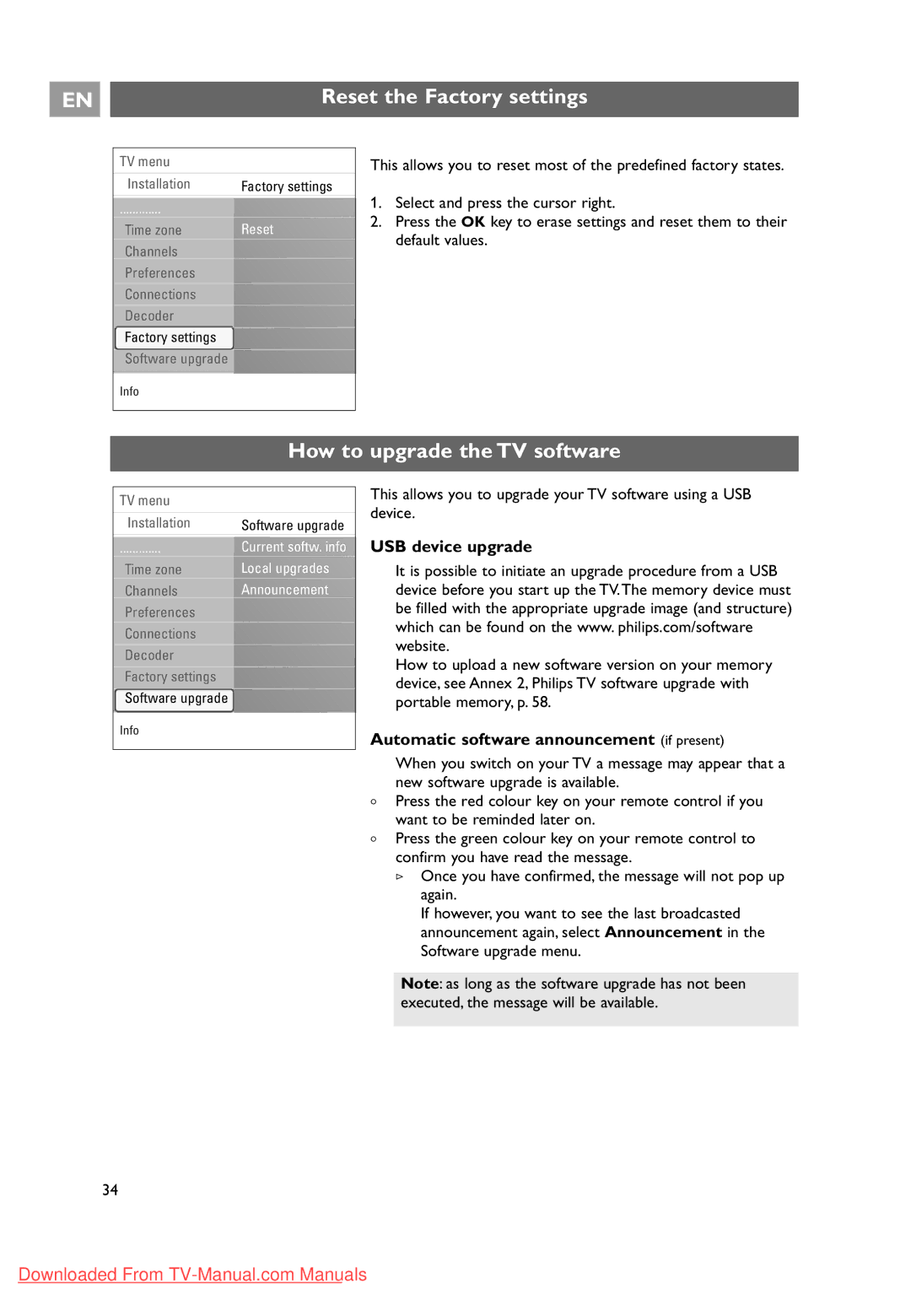 Philips 37-42-50PF9631D, 10 42PF9641D/10 user manual Reset the Factory settings, How to upgrade the TV software 