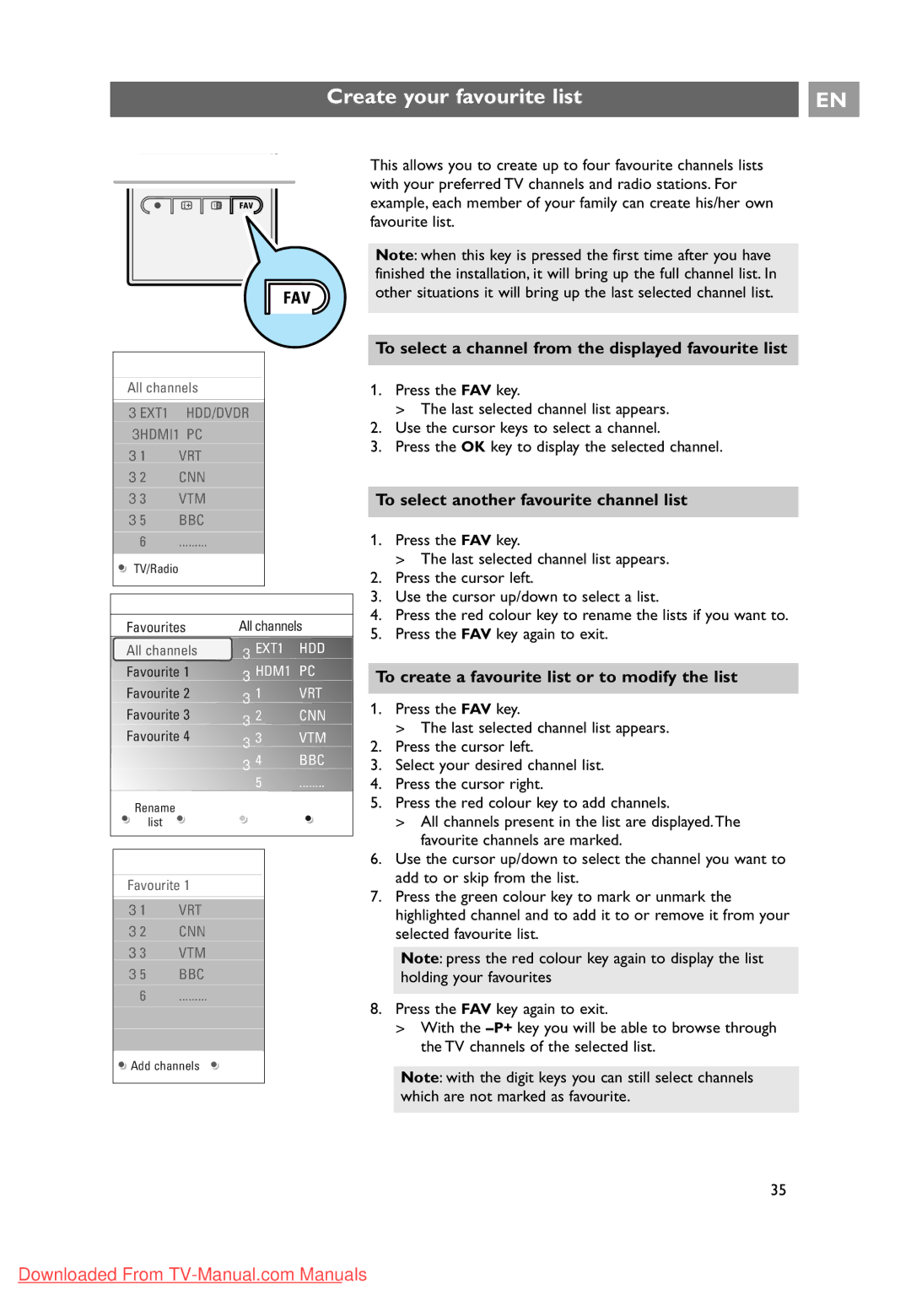 Philips 10 42PF9641D/10, 37-42-50PF9631D Create your favourite list, To select a channel from the displayed favourite list 