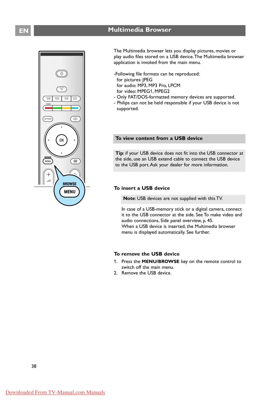 Philips 37-42-50PF9631D, 10 42PF9641D/10 Multimedia Browser, To view content from a USB device, To insert a USB device 