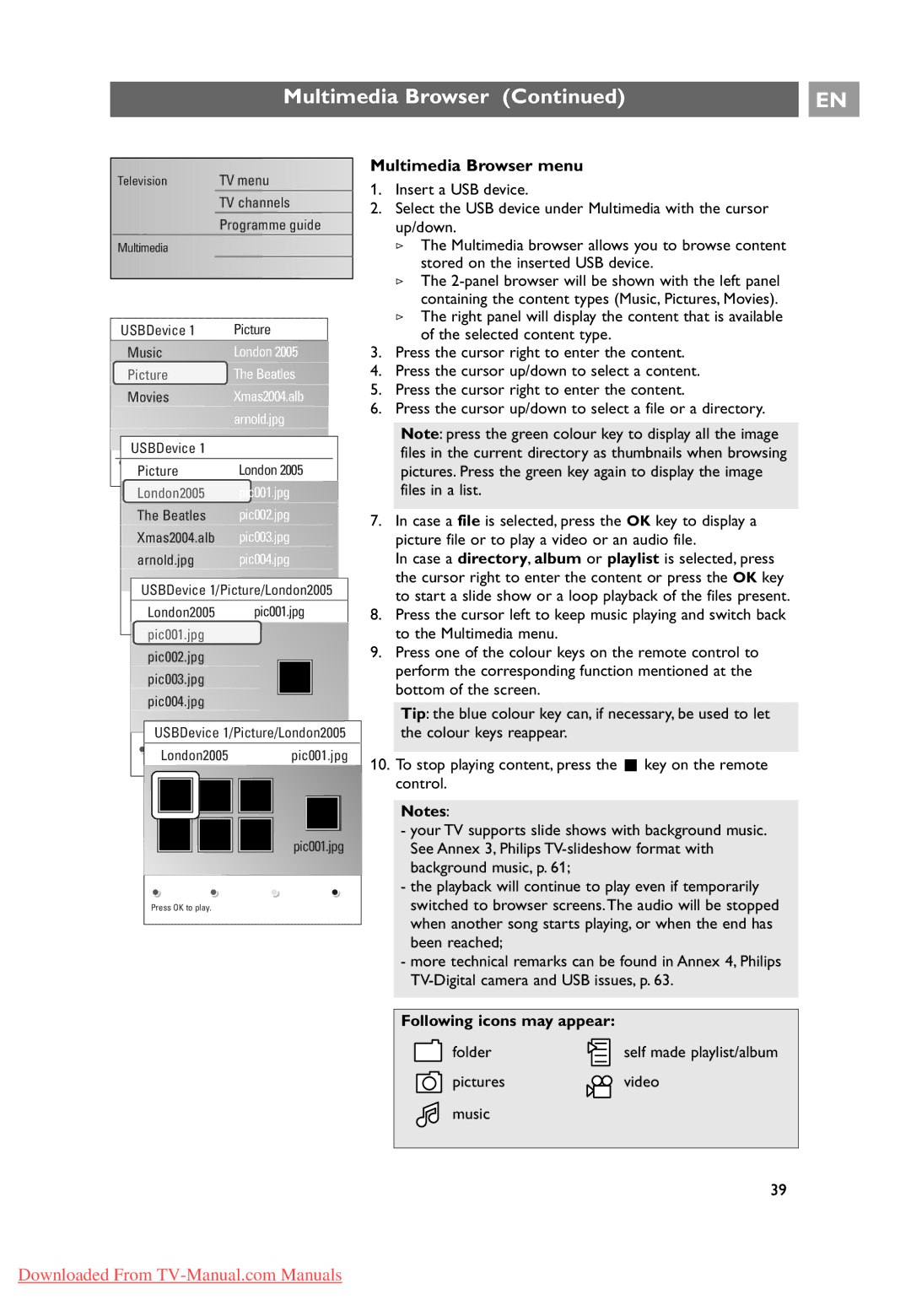 Philips 10 42PF9641D/10, 37-42-50PF9631D user manual Multimedia Browser menu, Following icons may appear 