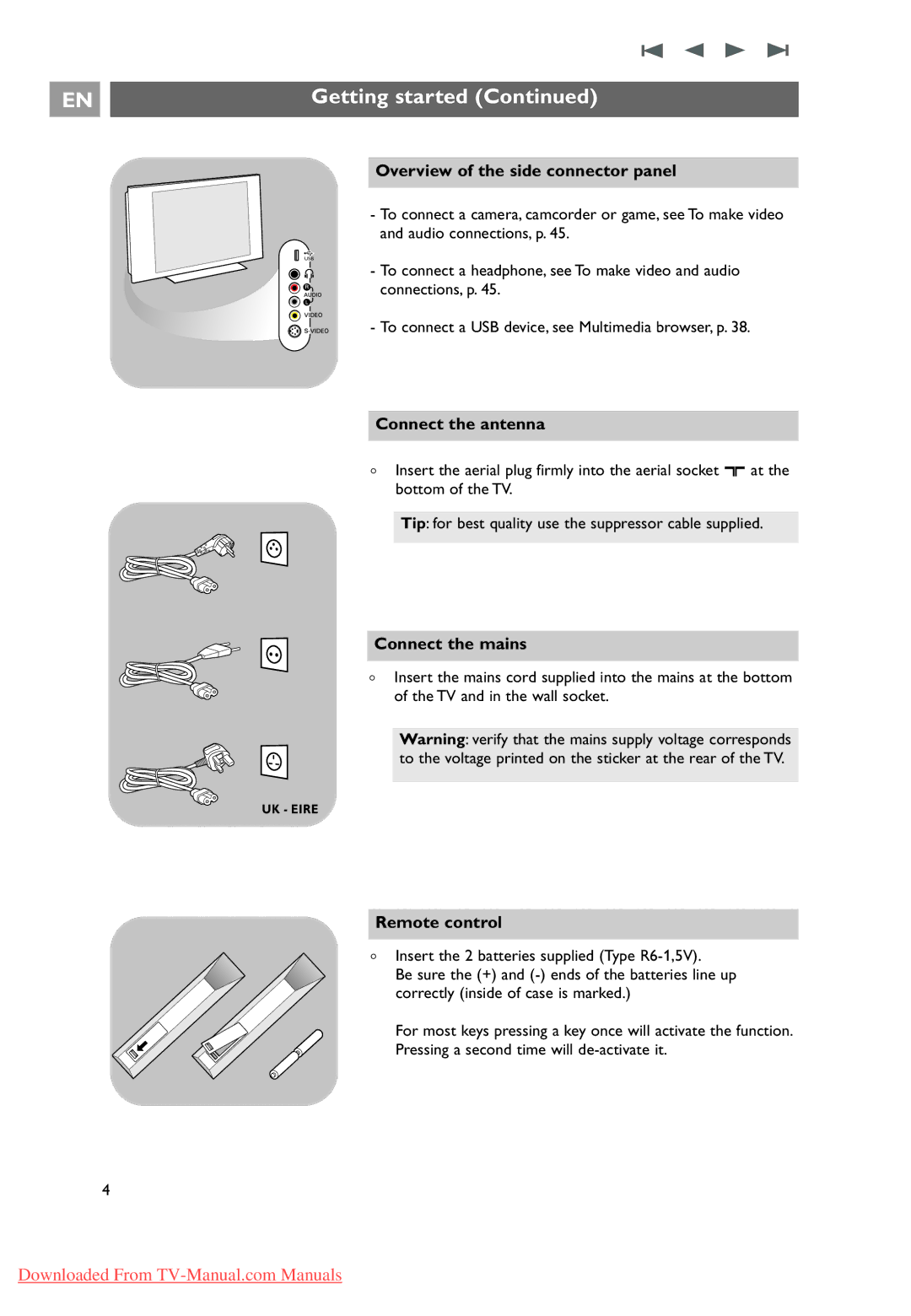 Philips 37-42-50PF9631D, 10 42PF9641D/10 user manual Connect the antenna, Connect the mains, Remote control 