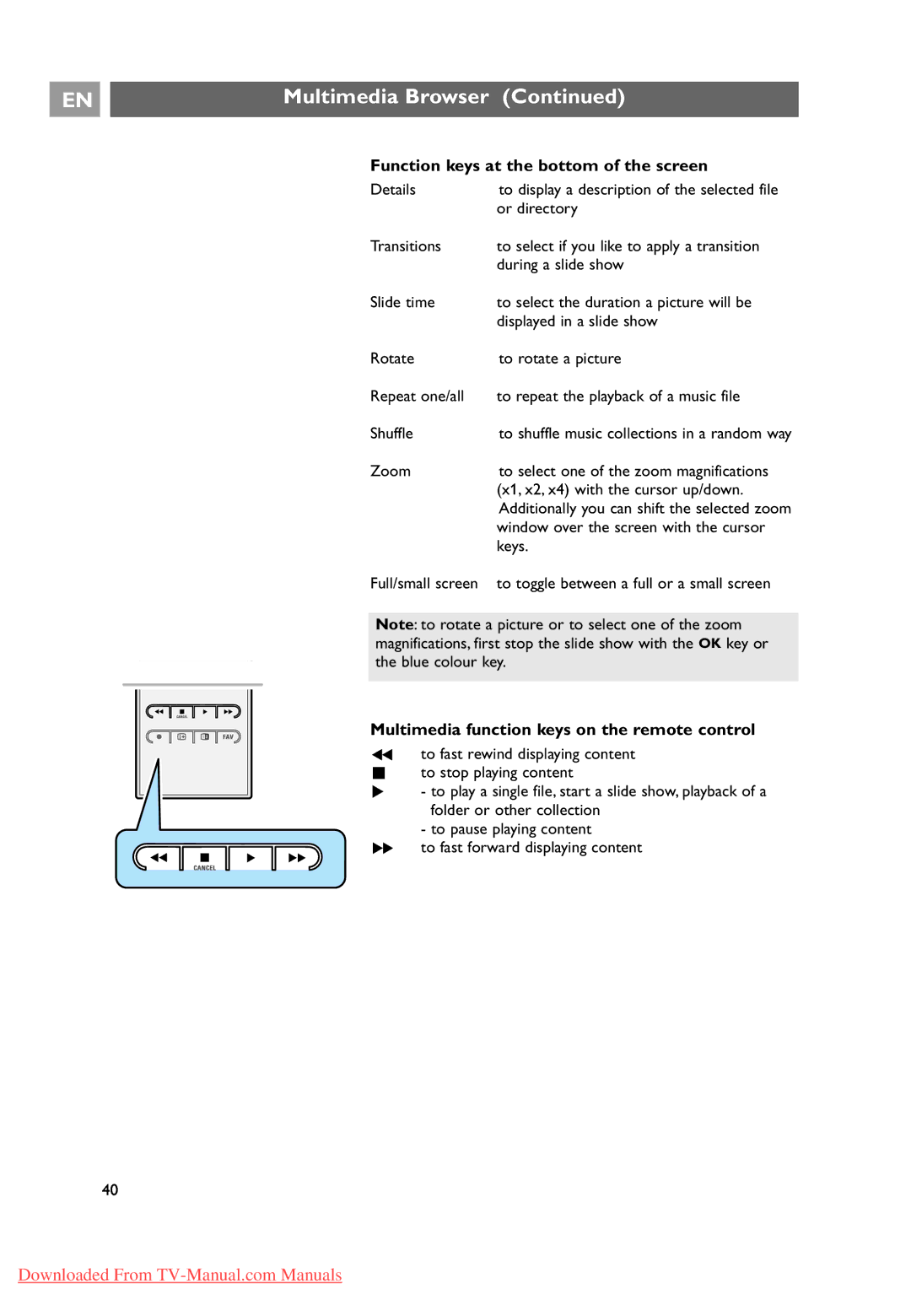 Philips 37-42-50PF9631D Function keys at the bottom of the screen, Multimedia function keys on the remote control 