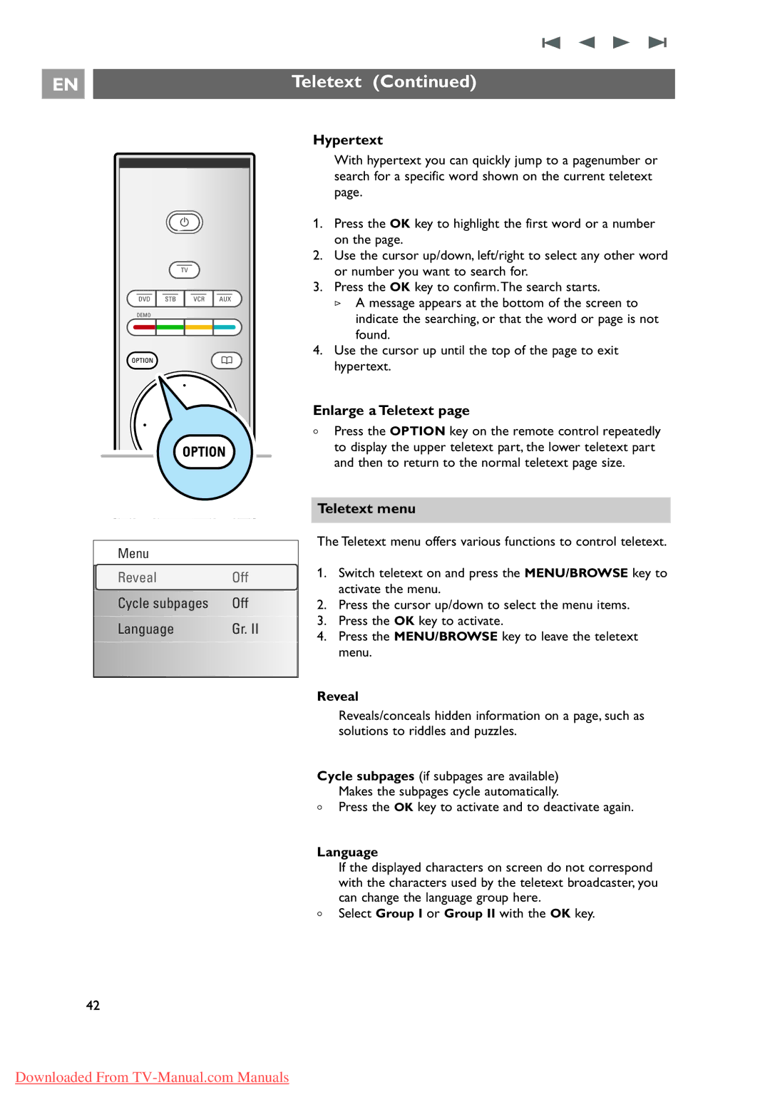 Philips 37-42-50PF9631D, 10 42PF9641D/10 user manual Hypertext, Enlarge a Teletext, Teletext menu, Reveal, Language 