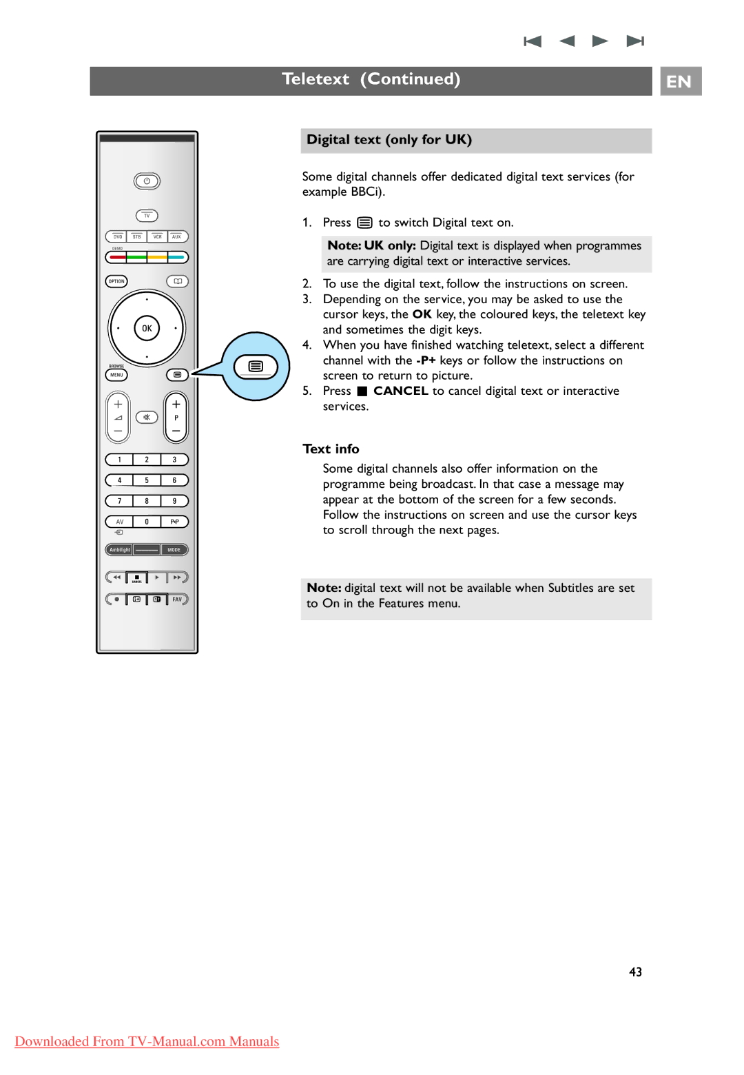 Philips 10 42PF9641D/10, 37-42-50PF9631D user manual Digital text only for UK, Text info 