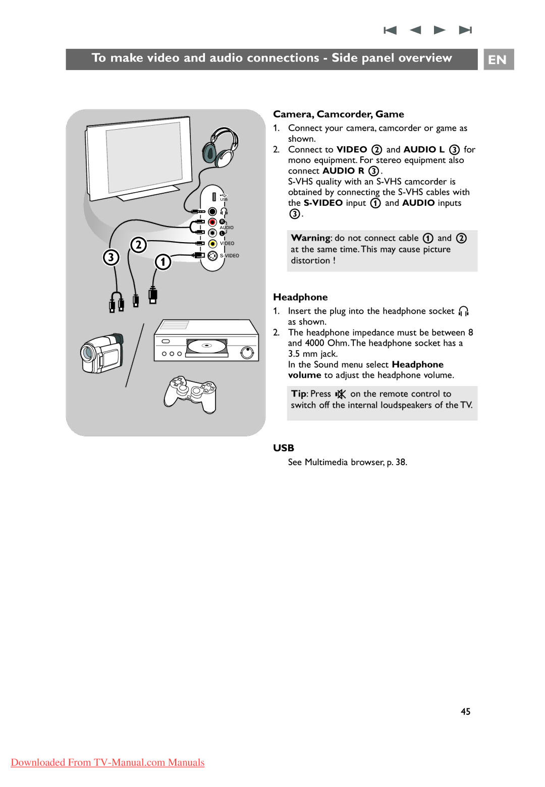 Philips 10 42PF9641D/10 To make video and audio connections Side panel overview, Camera, Camcorder, Game, Headphone 