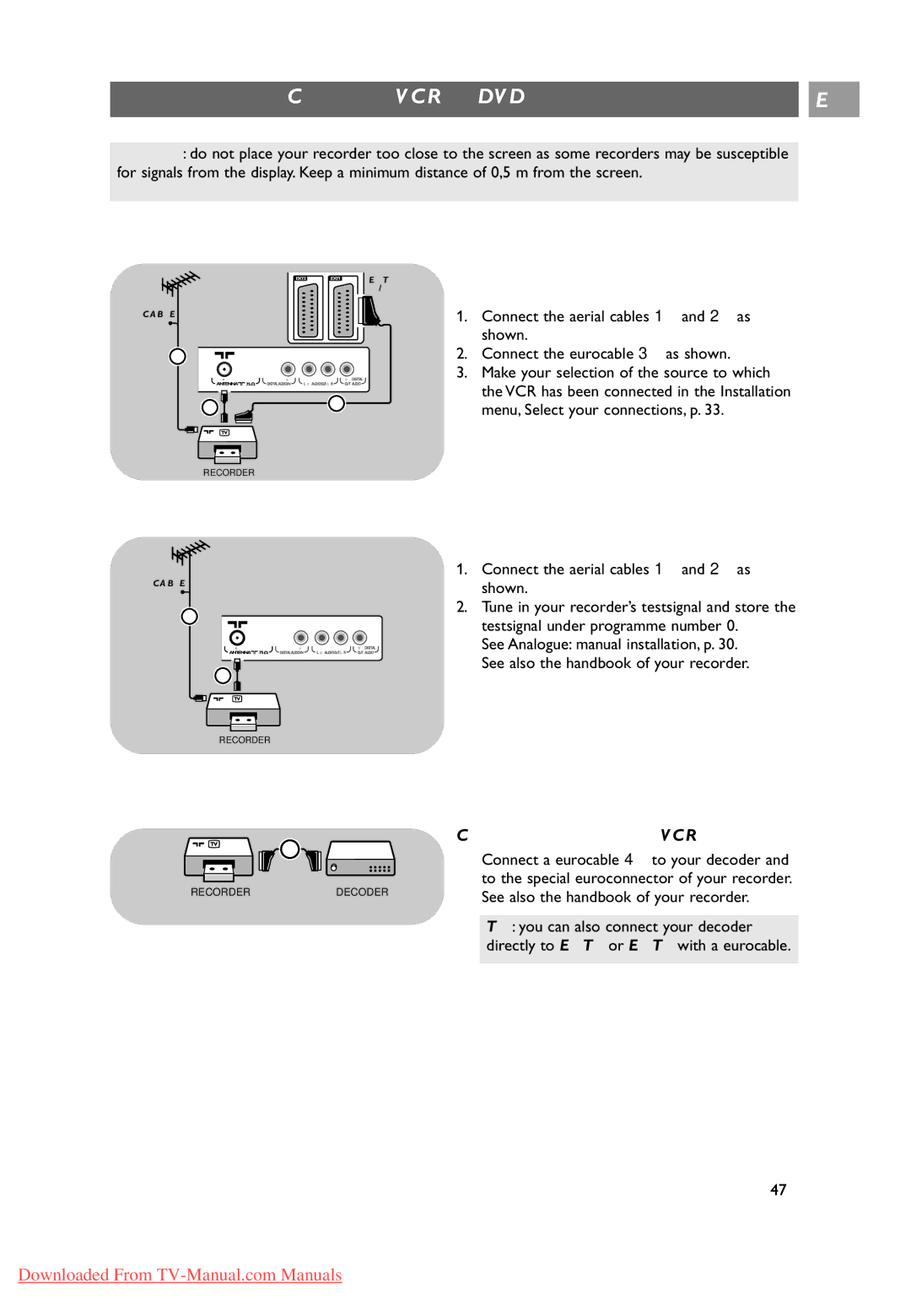 Philips 10 42PF9641D/10, 37-42-50PF9631D Connect a VCR or DVD recorder, With a eurocable, With the aerial cable only 