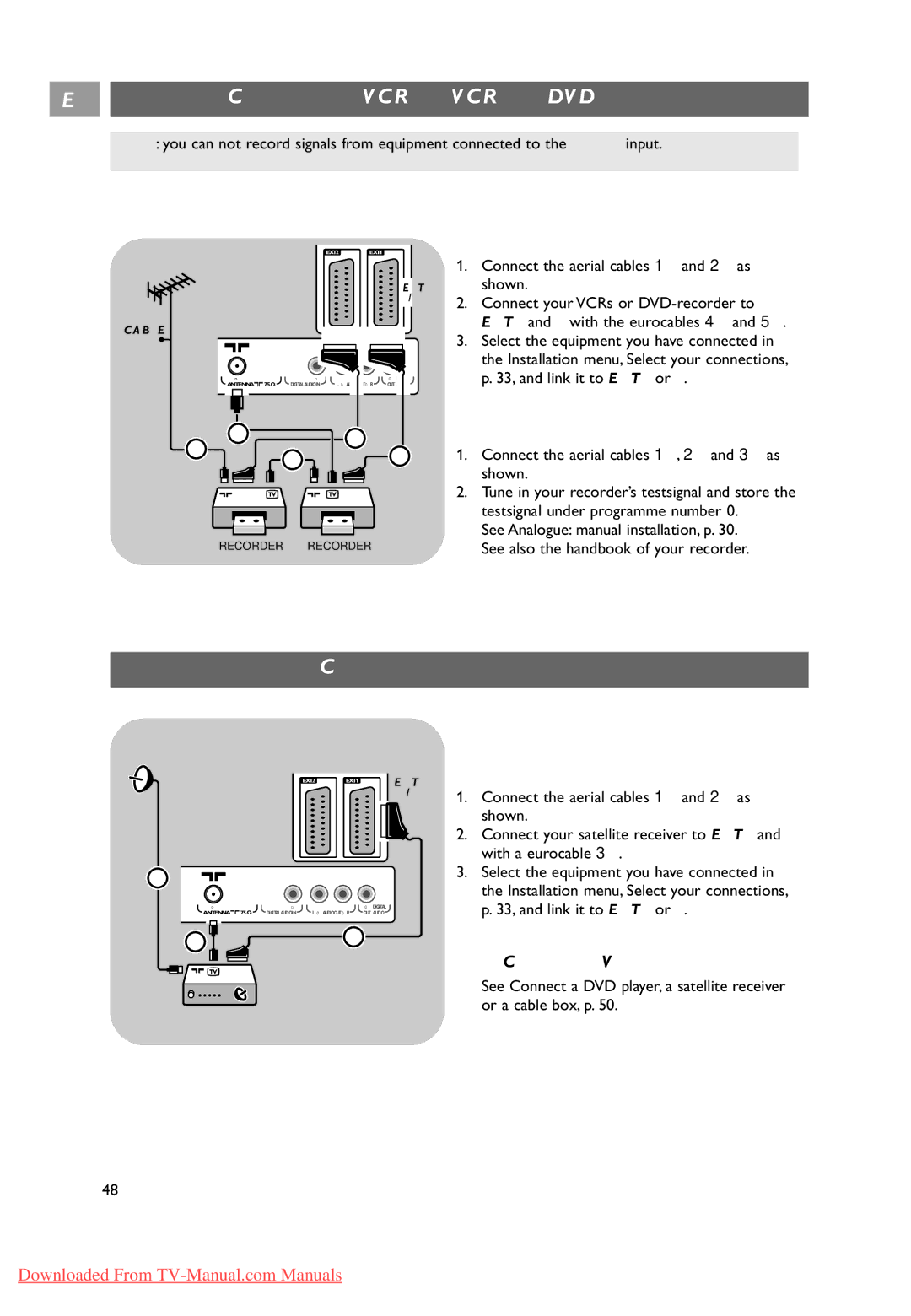 Philips 37-42-50PF9631D user manual Connect two VCRs or VCR and DVD recorder, Connect a satellite receiver, With eurocables 