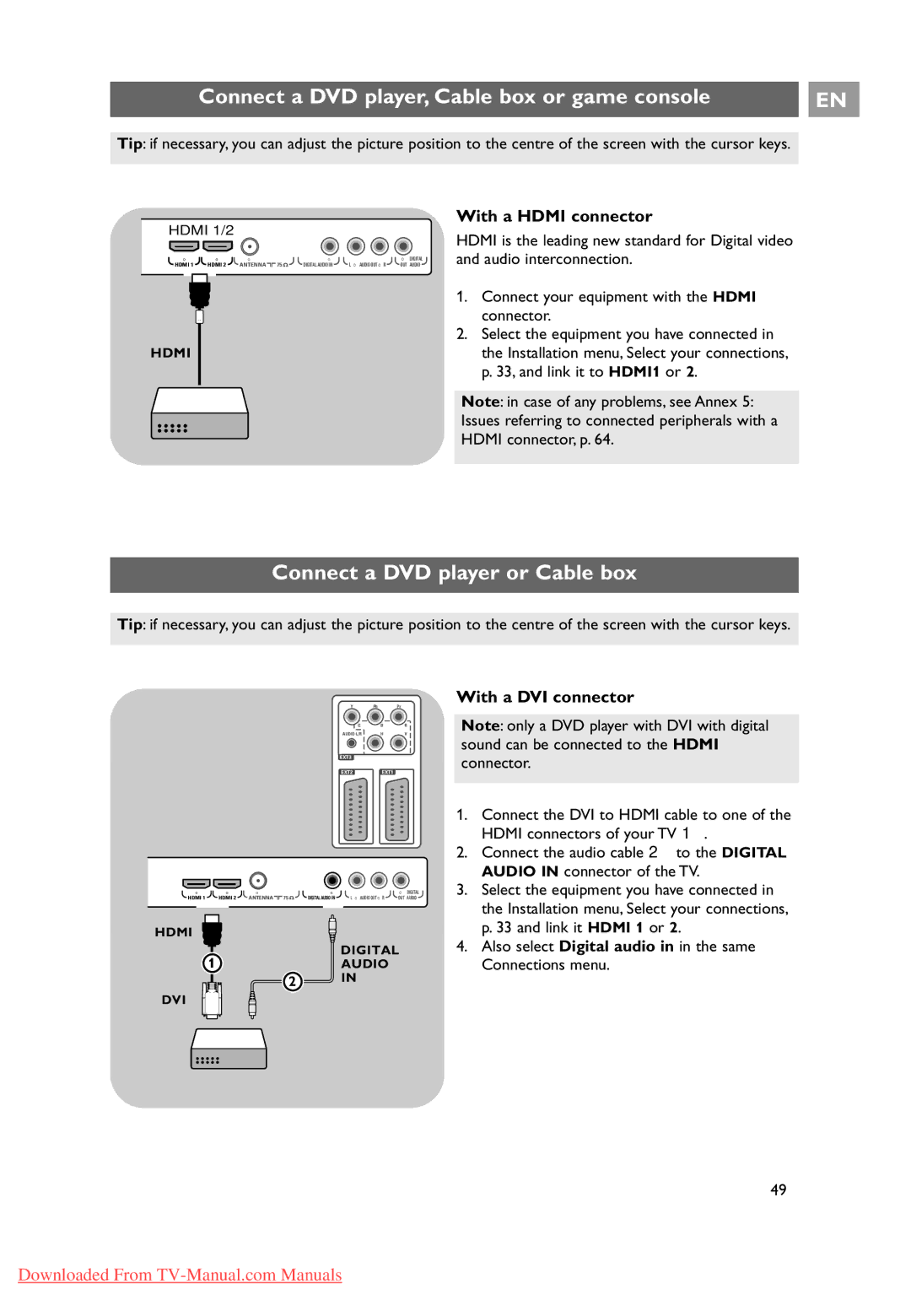 Philips 10 42PF9641D/10 user manual Connect a DVD player, Cable box or game console, Connect a DVD player or Cable box 