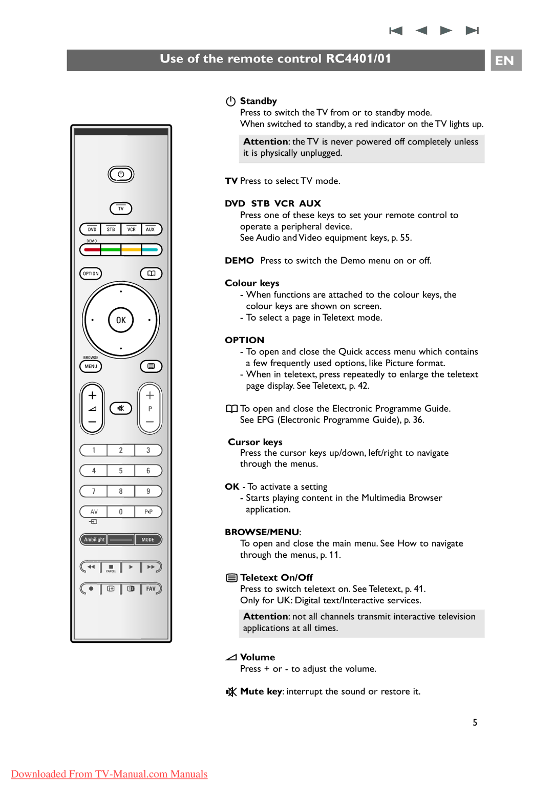 Philips 10 42PF9641D/10, 37-42-50PF9631D user manual Use of the remote control RC4401/01 