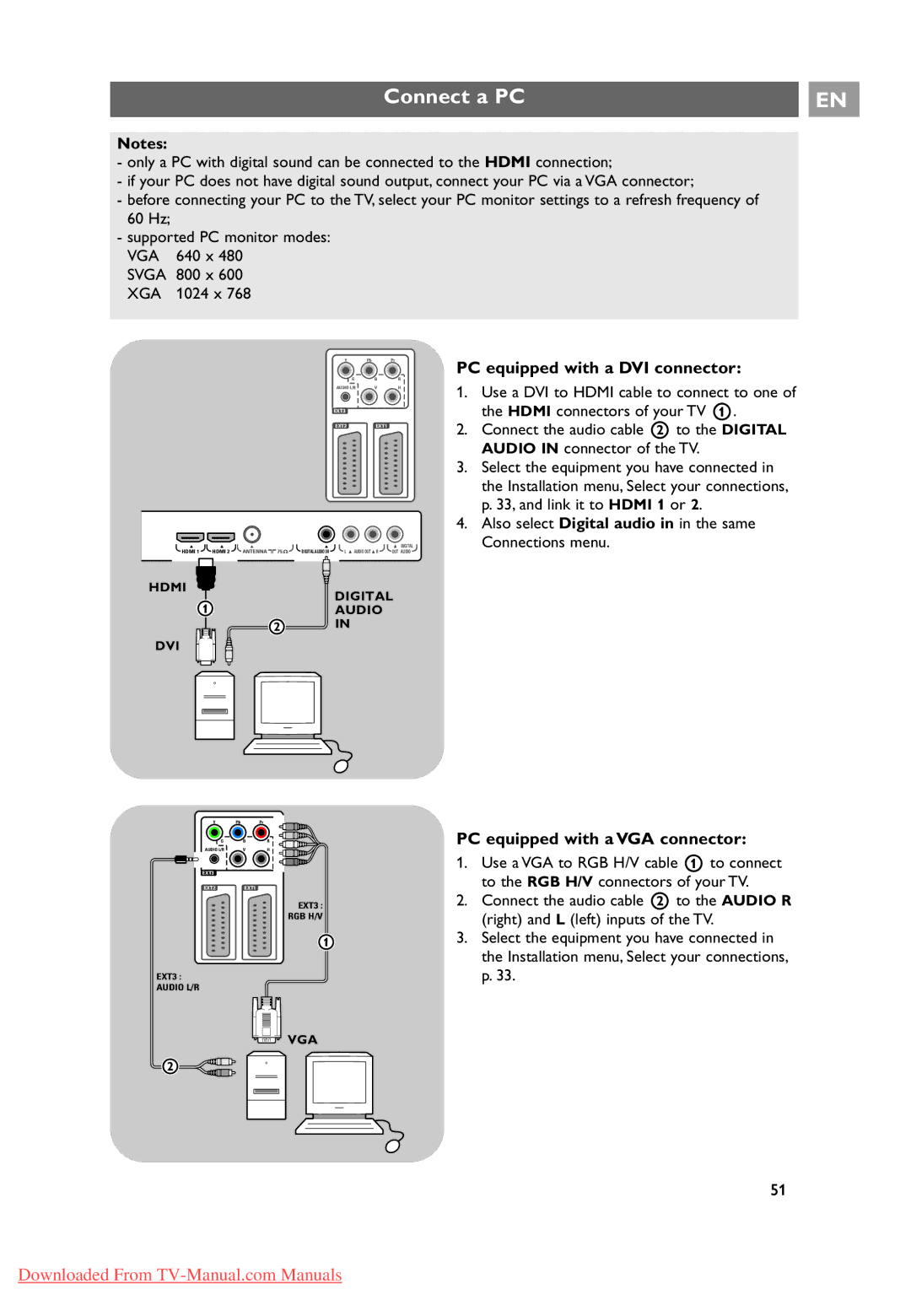 Philips 10 42PF9641D/10 Connect a PC, PC equipped with a DVI connector, PC equipped with a VGA connector, 640 x, 800 x 