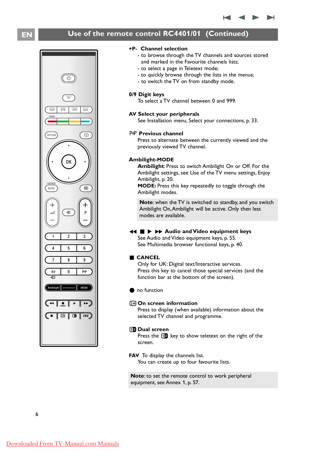 Philips 37-42-50PF9631D +P- Channel selection, Digit keys, AV Select your peripherals, Previous channel, Ambilight-MODE 