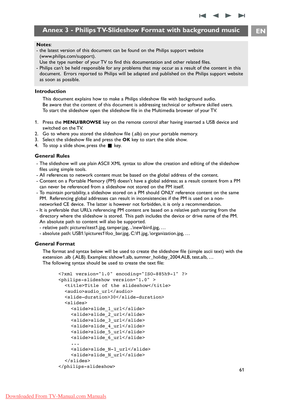 Philips 10 42PF9641D/10 Annex 3 Philips TV-Slideshow Format with background music, General Rules, General Format 