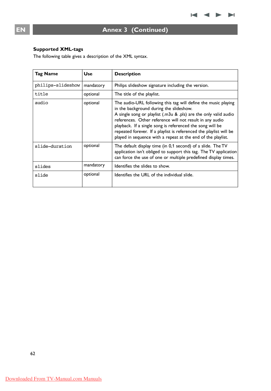 Philips 37-42-50PF9631D, 10 42PF9641D/10 user manual Supported XML-tags, Tag Name Use Description 