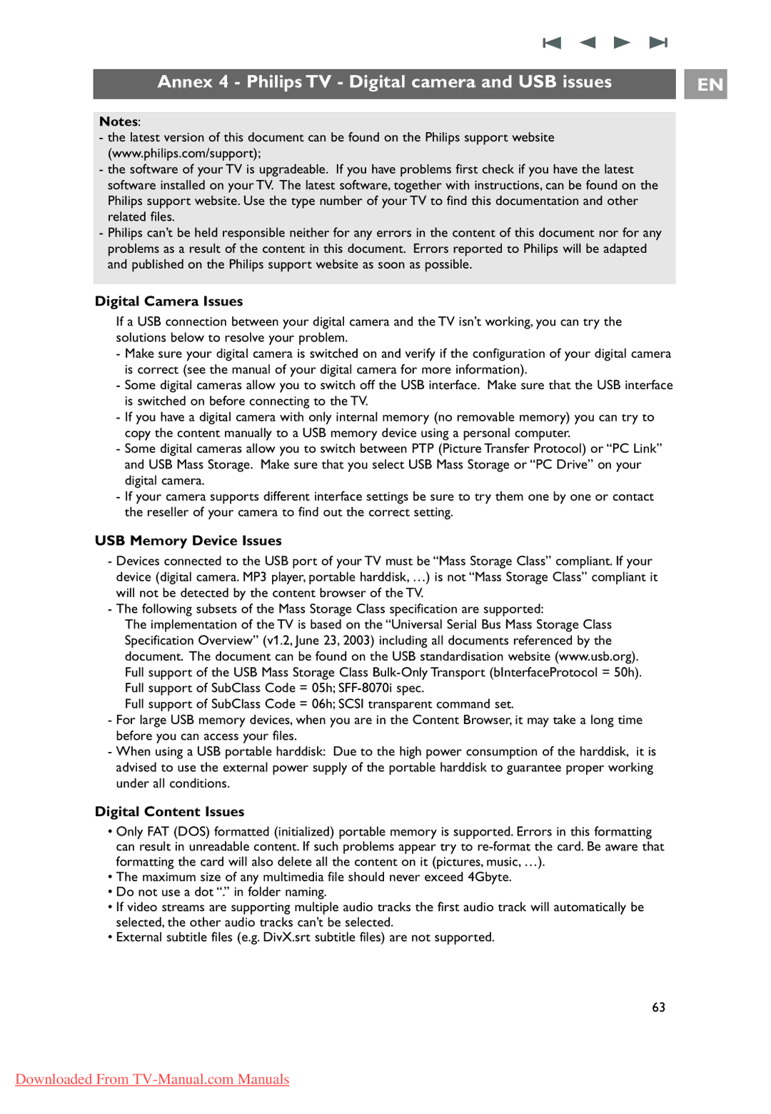 Philips 10 42PF9641D/10 Annex 4 Philips TV Digital camera and USB issues, Digital Camera Issues, USB Memory Device Issues 