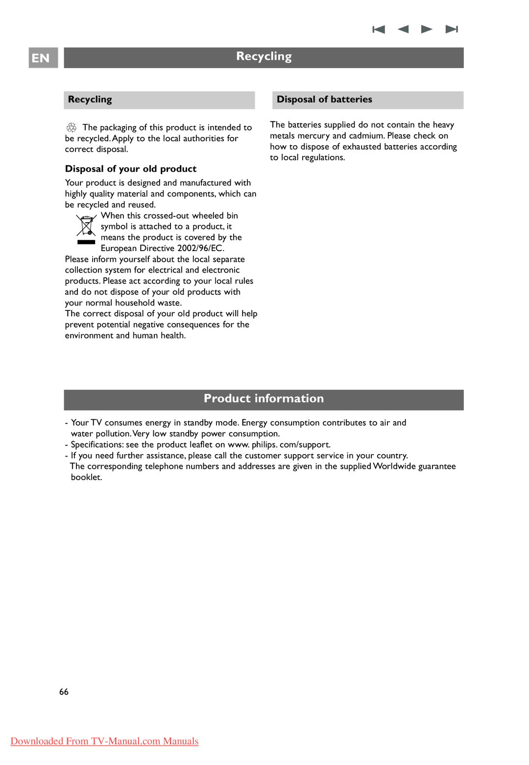 Philips 37-42-50PF9631D user manual Product information, Recycling Disposal of batteries, Disposal of your old product 