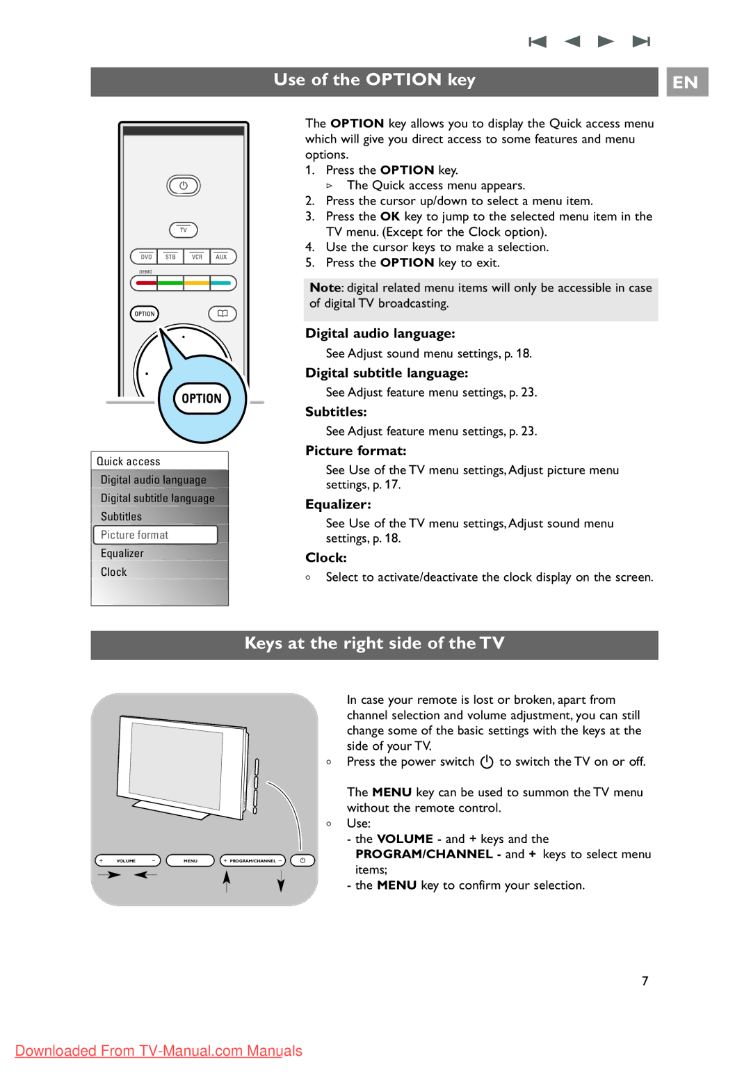 Philips 10 42PF9641D/10, 37-42-50PF9631D user manual Use of the Option key, Keys at the right side of the TV 