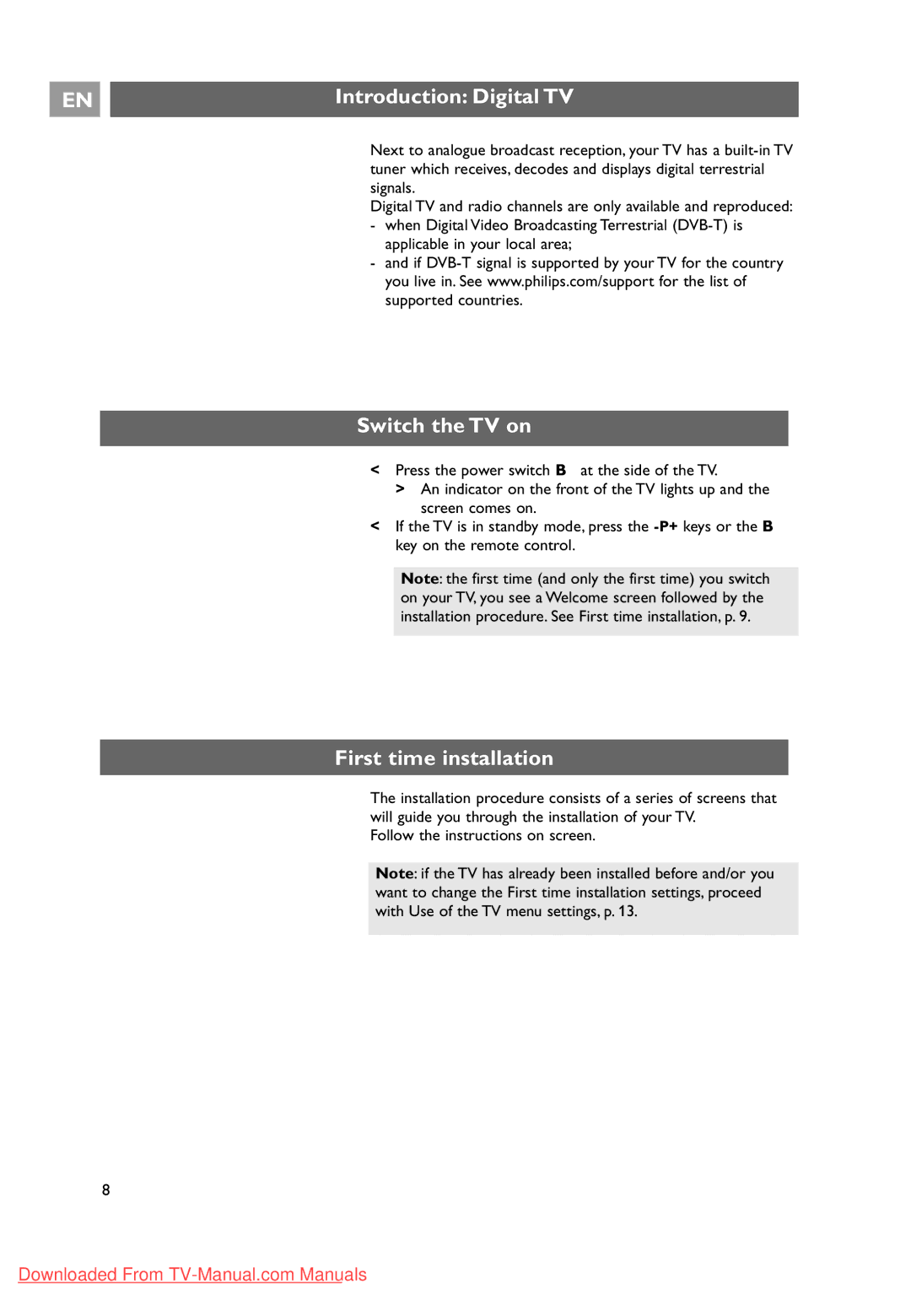 Philips 37-42-50PF9631D, 10 42PF9641D/10 user manual Introduction Digital TV, Switch the TV on, First time installation 