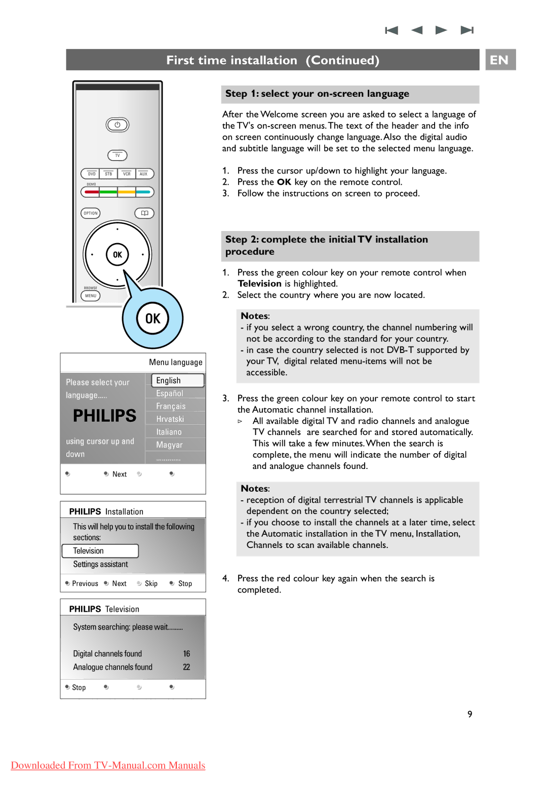 Philips 10 42PF9641D/10, 37-42-50PF9631D Select your on-screen language, Complete the initial TV installation procedure 