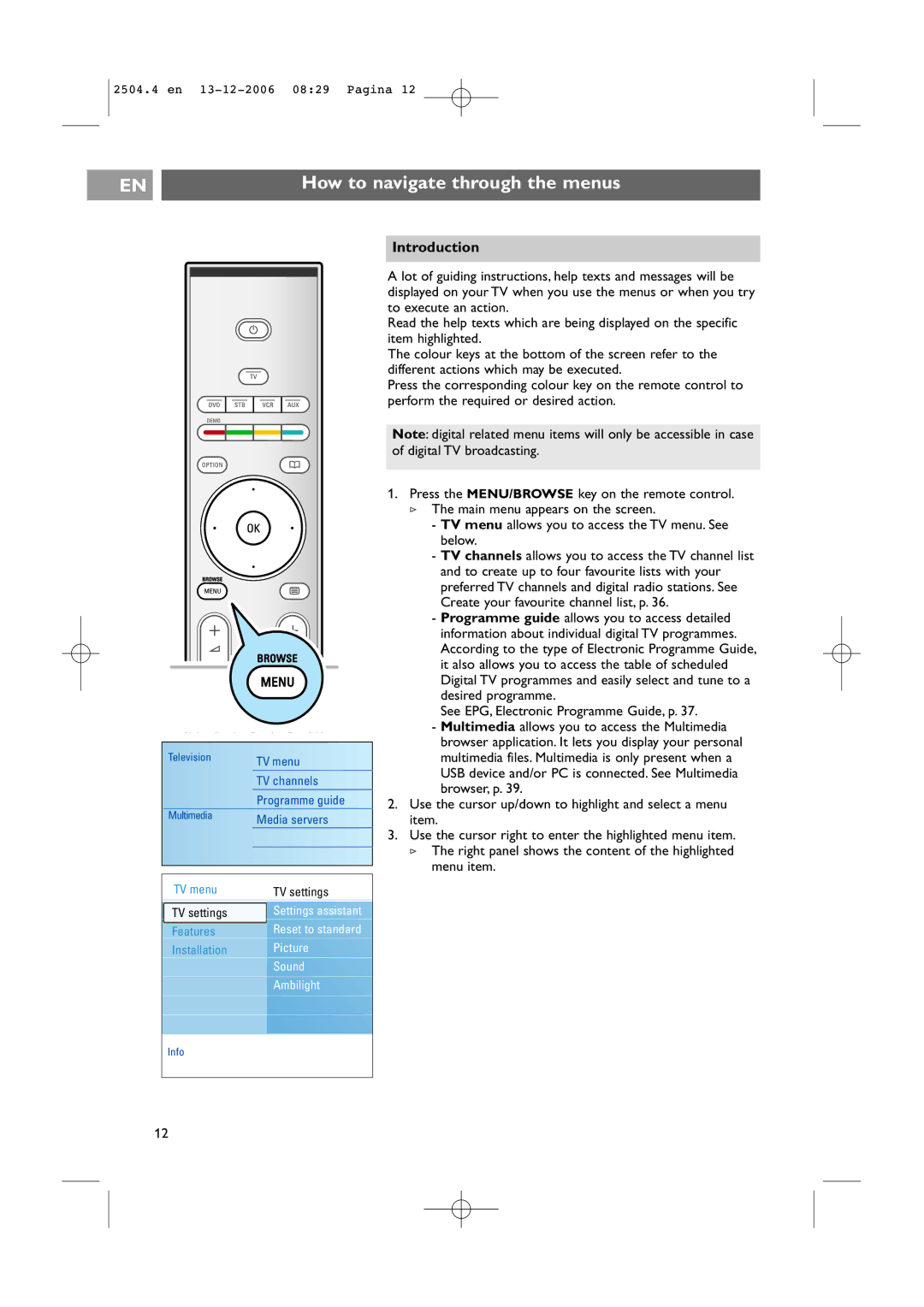 Philips 37-42PF9831D/10, 37-42PF9731D/10 instruction manual How to navigate through the menus, Introduction 