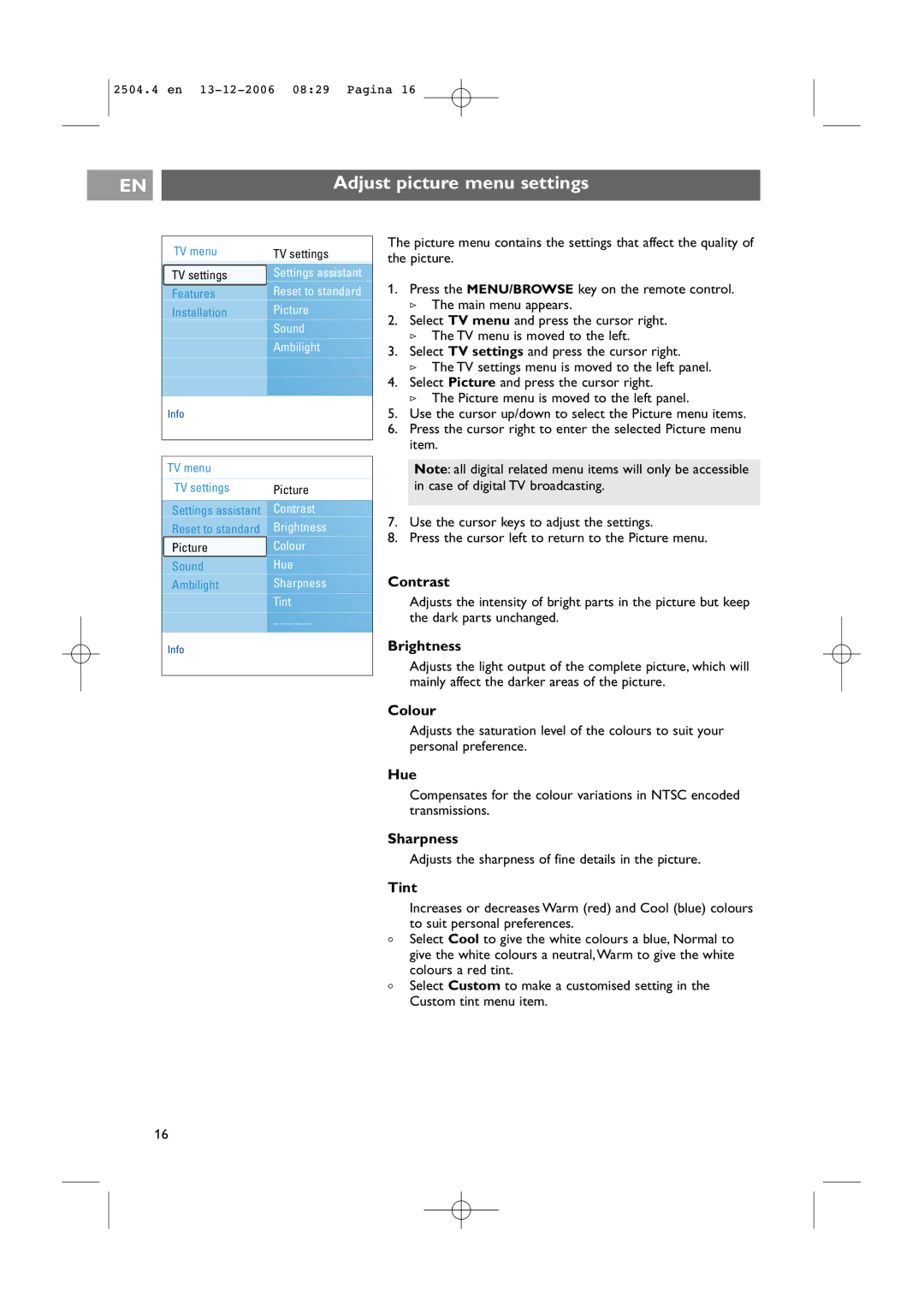 Philips 37-42PF9731D/10, 37-42PF9831D/10 instruction manual Adjust picture menu settings 