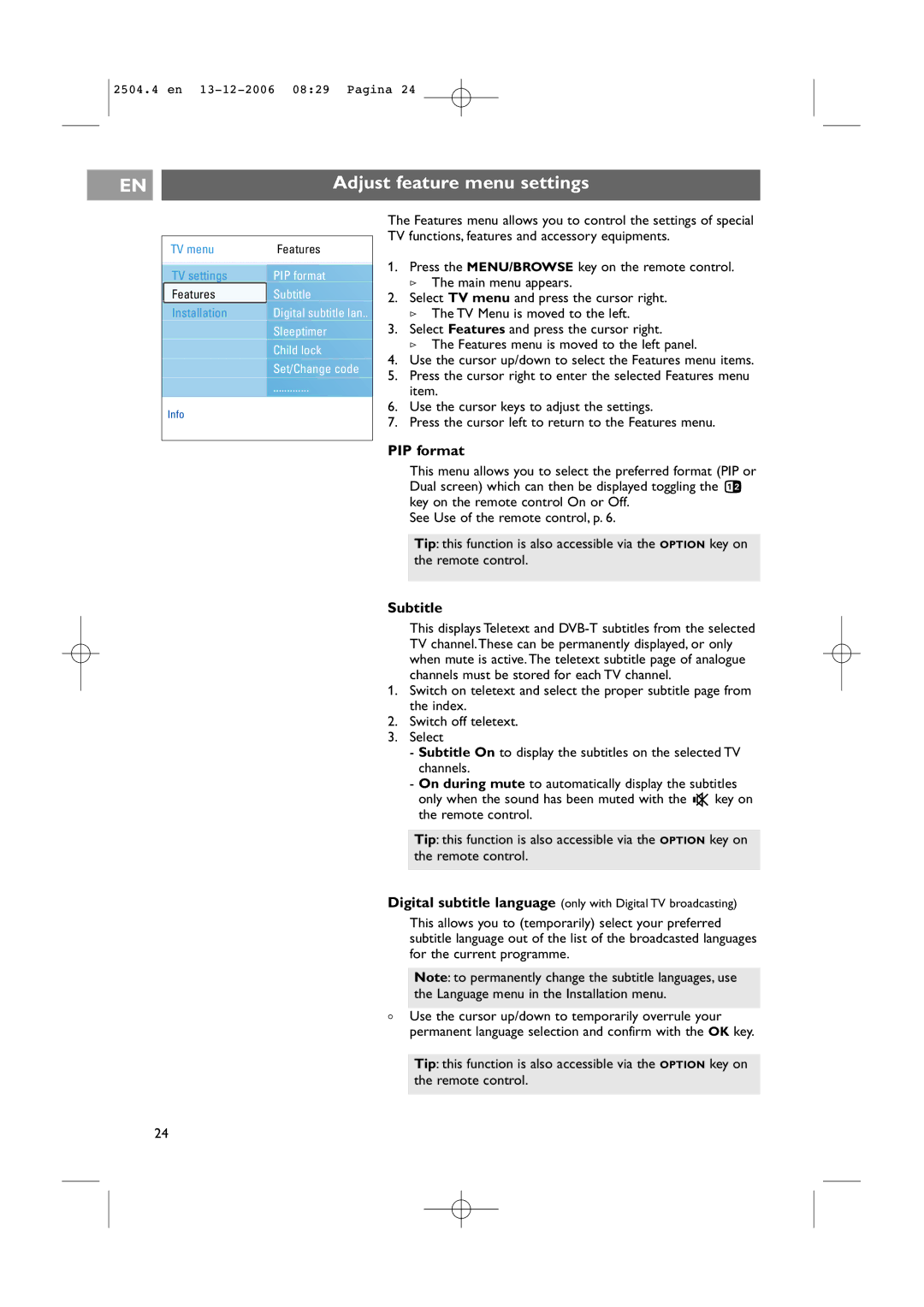 Philips 37-42PF9831D/10, 37-42PF9731D/10 instruction manual Adjust feature menu settings, PIP format, Subtitle 