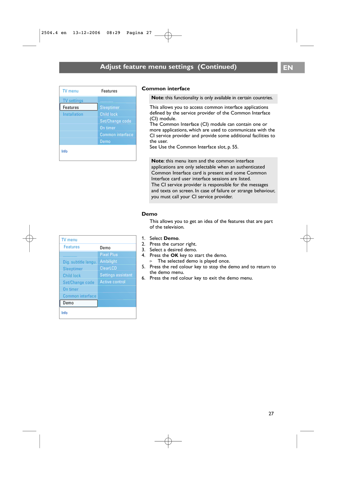 Philips 37-42PF9831D/10, 37-42PF9731D/10 instruction manual Common interface, Demo 