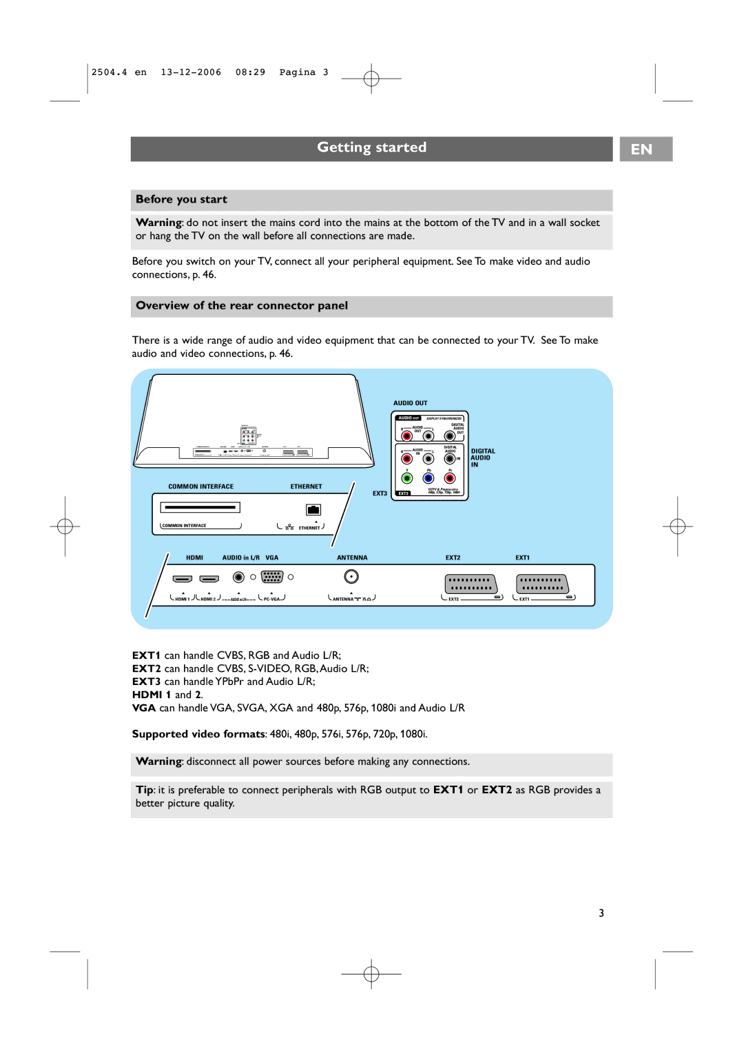 Philips 37-42PF9831D/10, 37-42PF9731D/10 Getting started, Before you start, Overview of the rear connector panel 