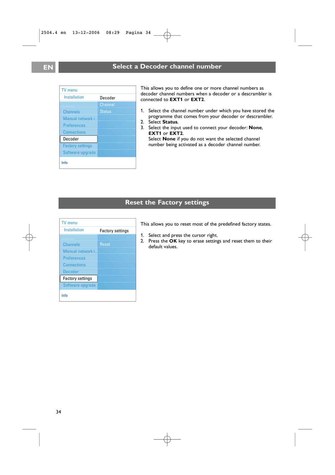 Philips 37-42PF9731D/10, 37-42PF9831D/10 instruction manual Select a Decoder channel number, Reset the Factory settings 