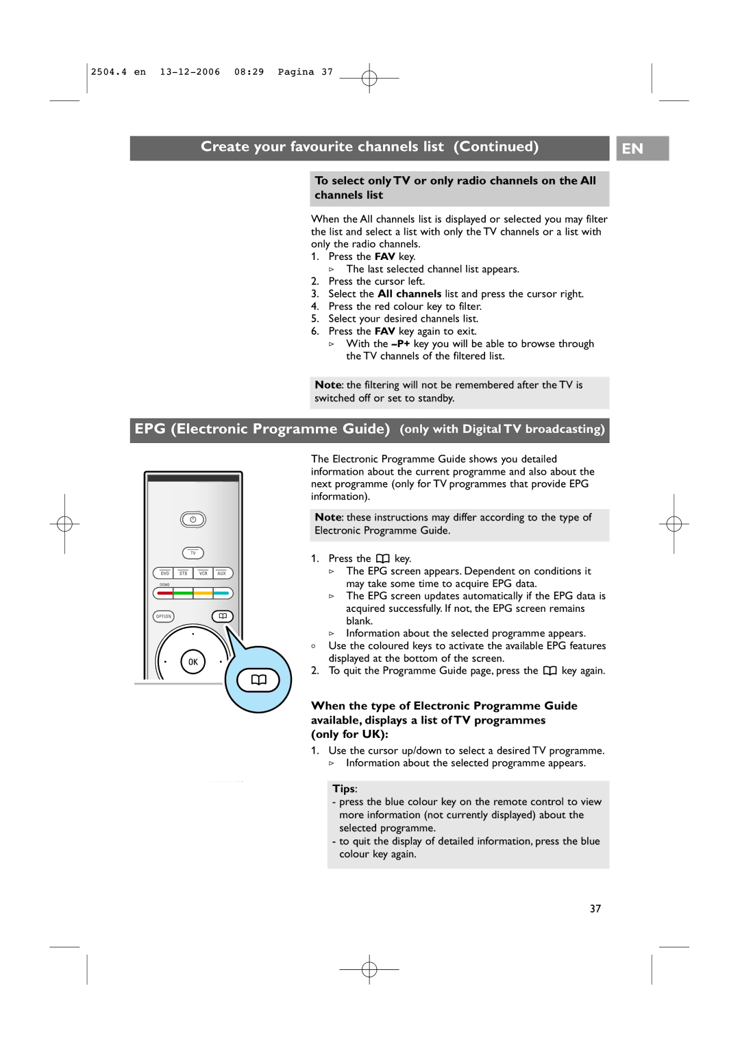 Philips 37-42PF9731D/10, 37-42PF9831D/10 instruction manual Create your favourite channels list, Channels list, Tips 