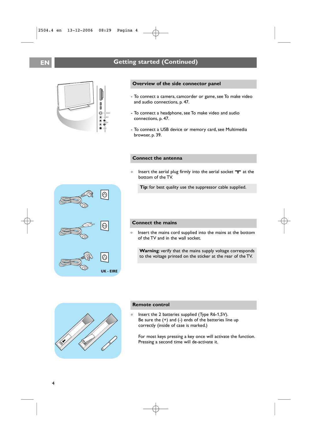 Philips 37-42PF9731D/10 Overview of the side connector panel, Connect the antenna, Connect the mains, Remote control 