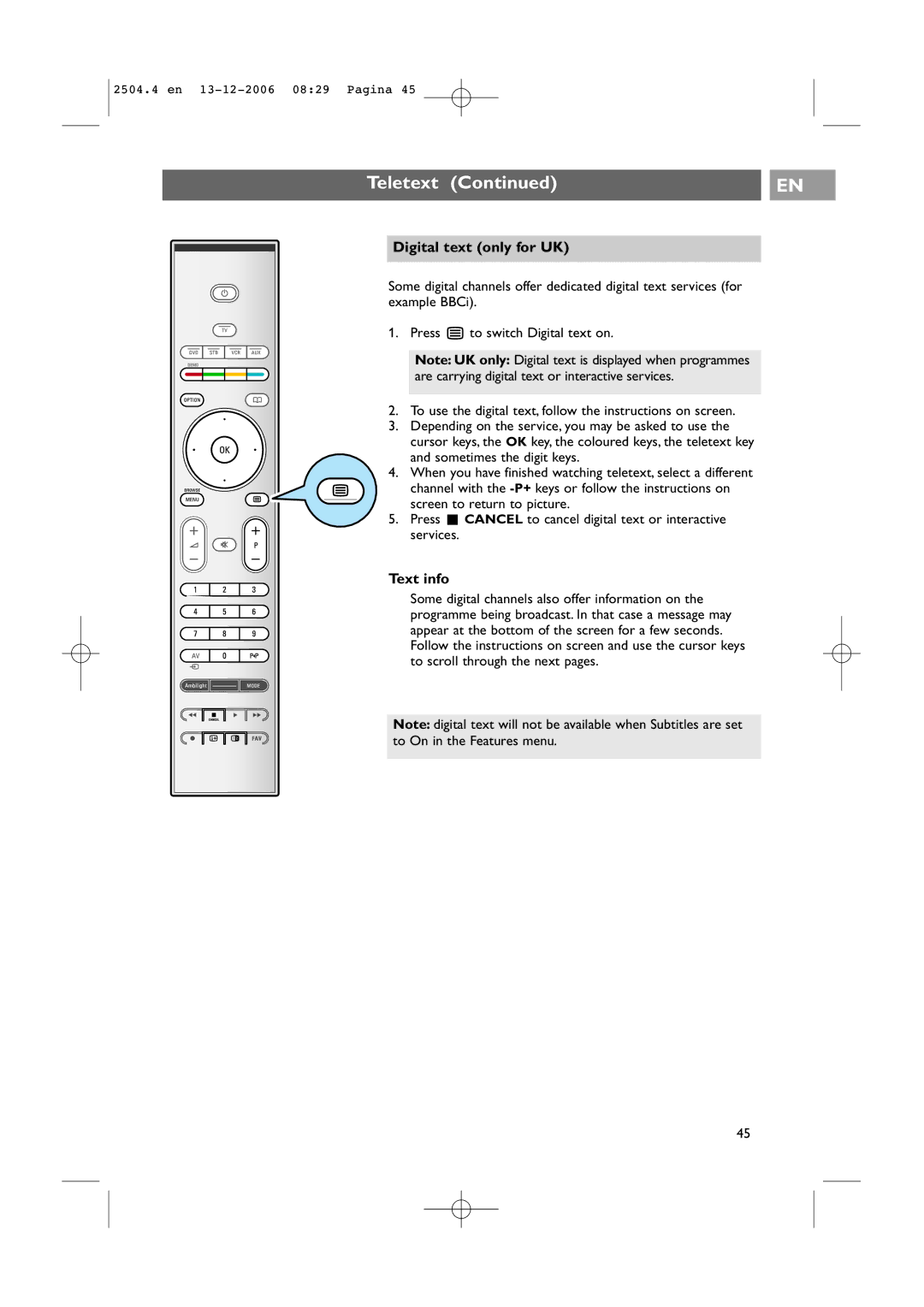 Philips 37-42PF9831D/10, 37-42PF9731D/10 instruction manual Digital text only for UK, Text info 