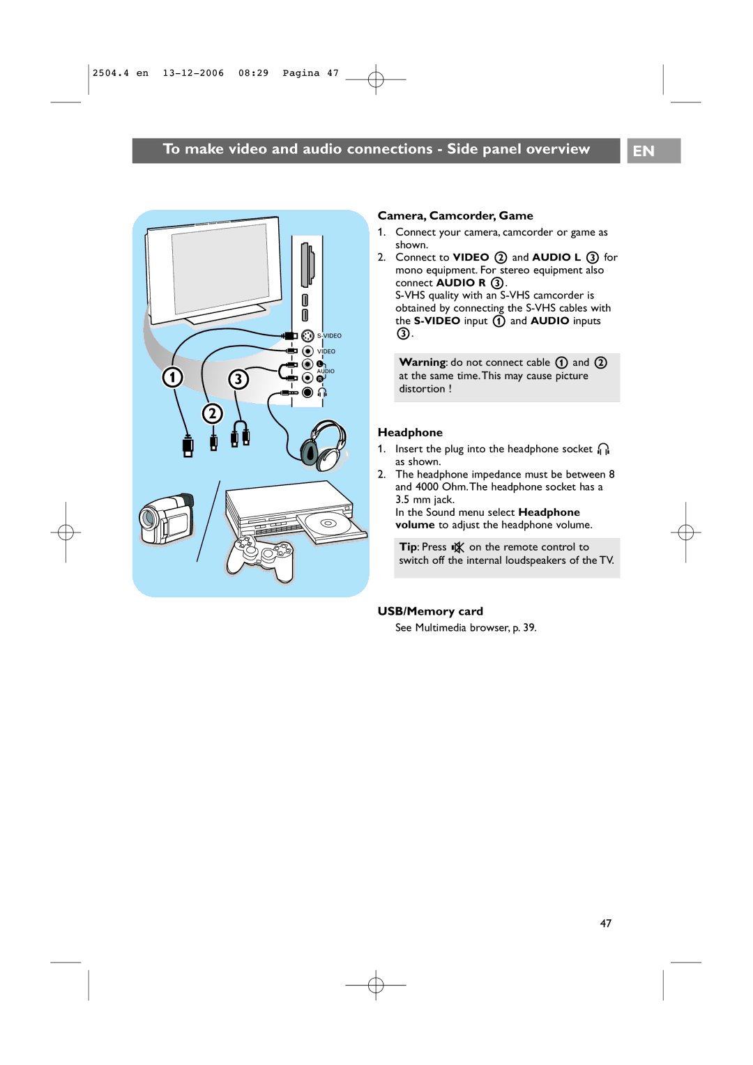 Philips 42PF9831D/10 To make video and audio connections Side panel overview, Camera, Camcorder, Game, Headphone 