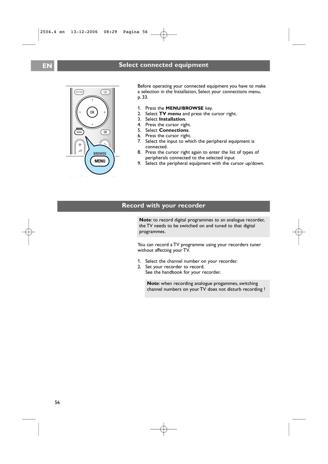 Philips 37-42PF9831D/10, 37-42PF9731D/10 Select connected equipment, Record with your recorder, Select Installation 