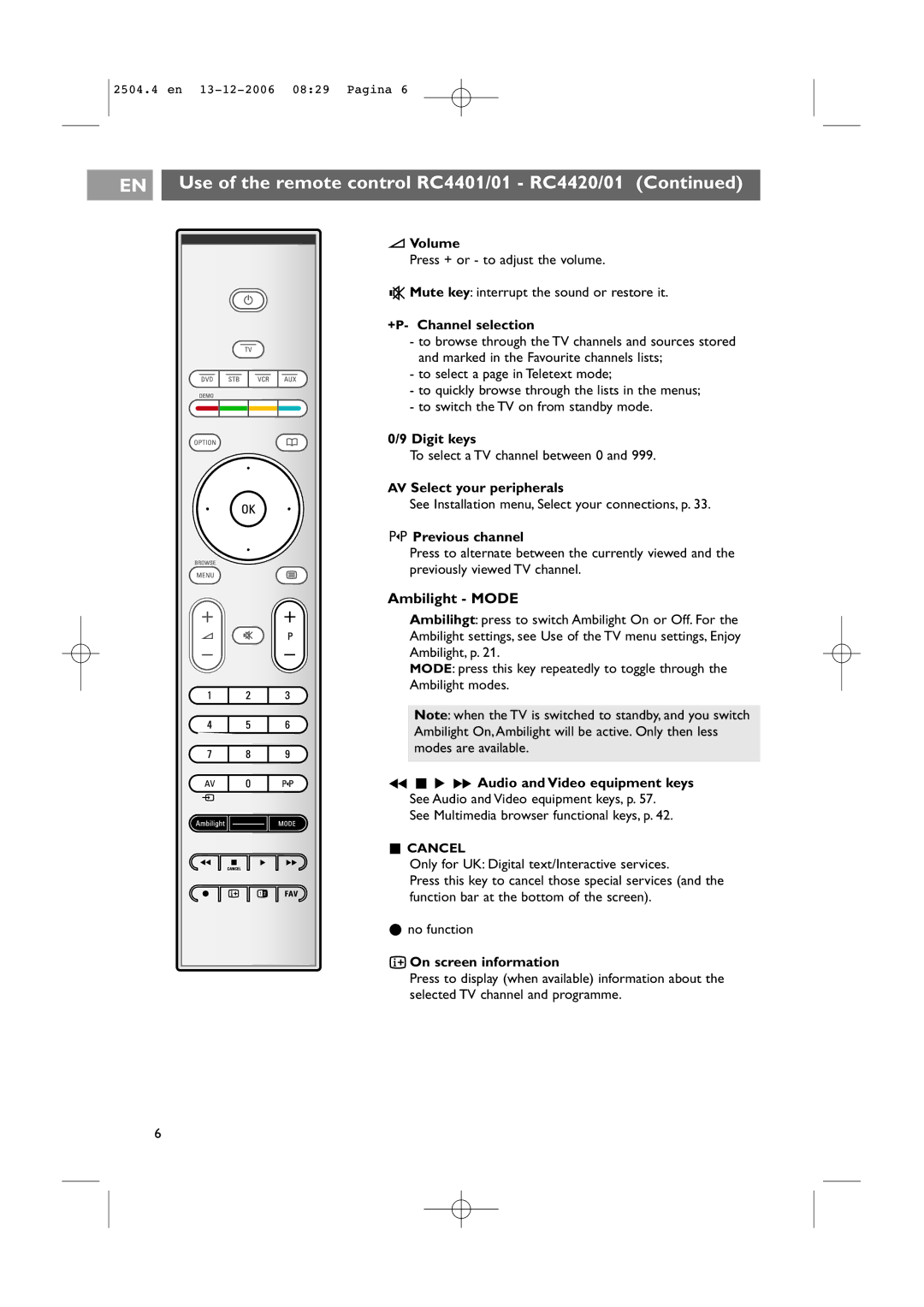 Philips 37-42PF9831D/10, 37-42PF9731D/10 instruction manual EN Use of the remote control RC4401/01 RC4420/01, Ambilight Mode 