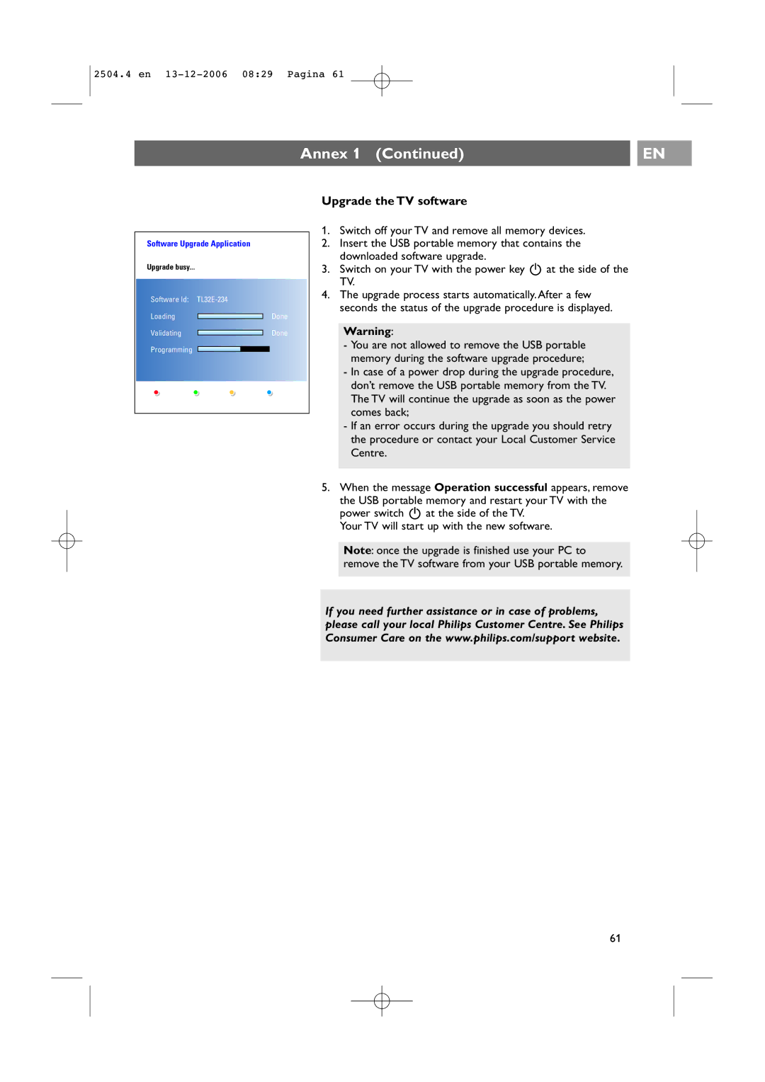 Philips 37-42PF9731D/10, 37-42PF9831D/10 instruction manual Annex, Upgrade the TV software 