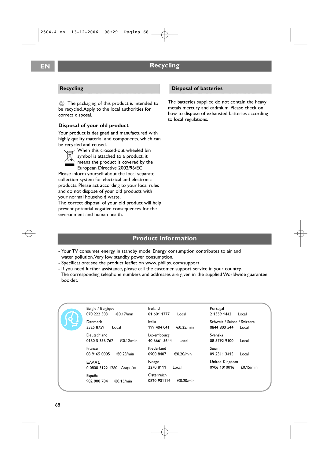 Philips 42PF9831D/10 Product information, Recycling Disposal of batteries, Disposal of your old product 