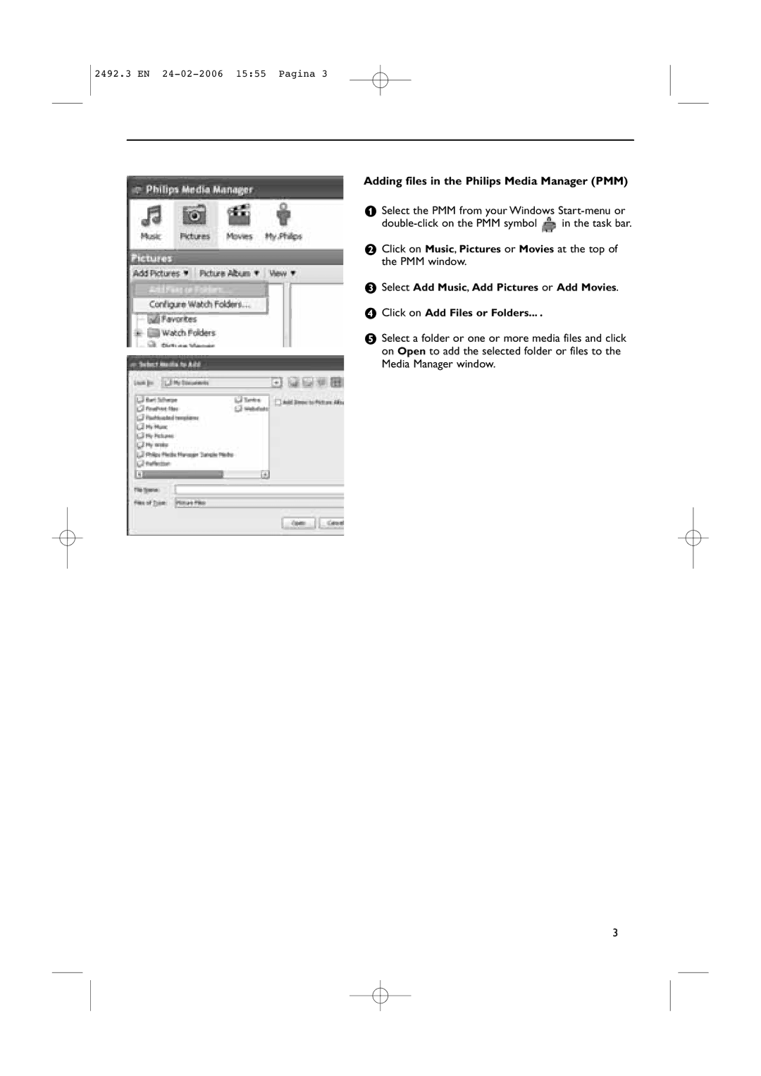 Philips 37-42PF9831D/10, 37-42PF9731D/10 instruction manual Adding files in the Philips Media Manager PMM 