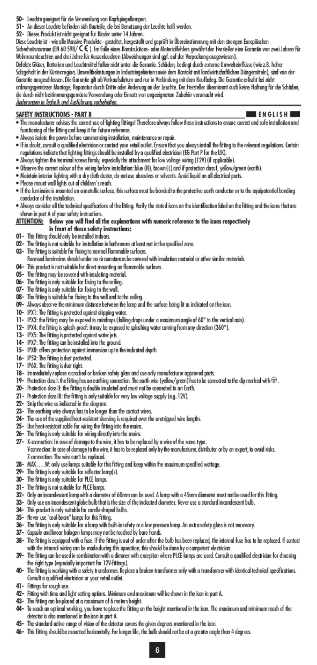 Philips 37353/87/16 user manual Safety Instructions Part B, IPX1 The fitting is protected against dripping water 