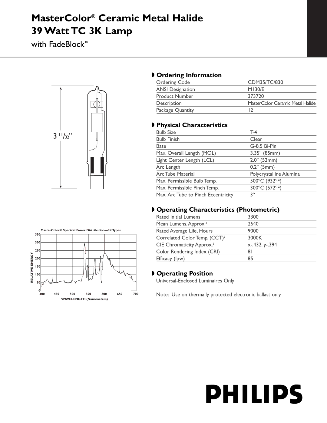 Philips 373720 manual Ordering Information, Operating Characteristics Photometric, Operating Position 