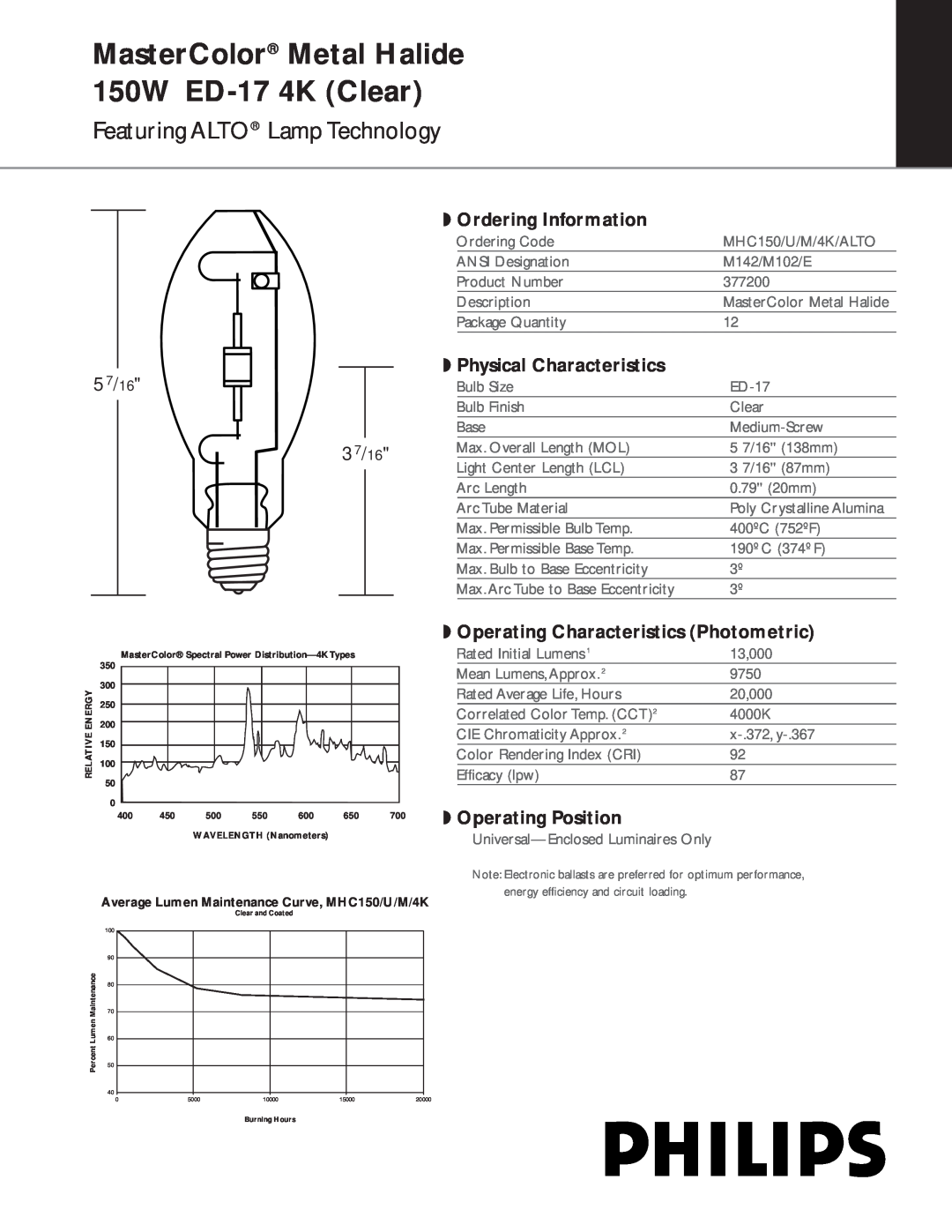 Philips 377200 manual Ordering Information, Physical Characteristics, Operating Characteristics Photometric, 3 7/16 