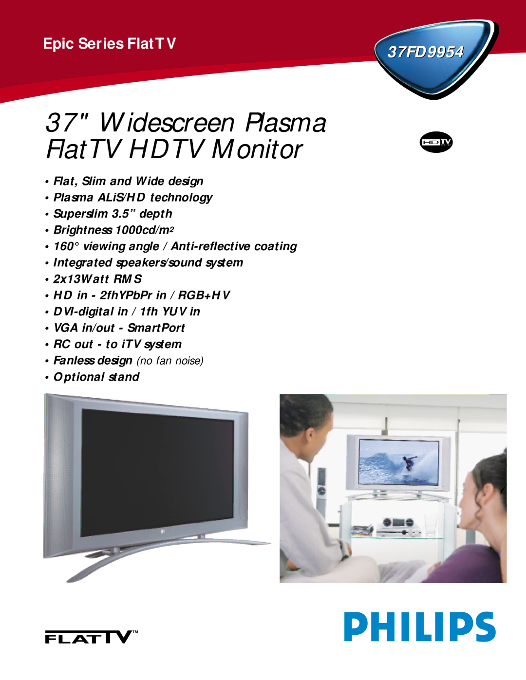 Philips 37FD9954 manual Widescreen Plasma FlatTV Hdtv Monitor 