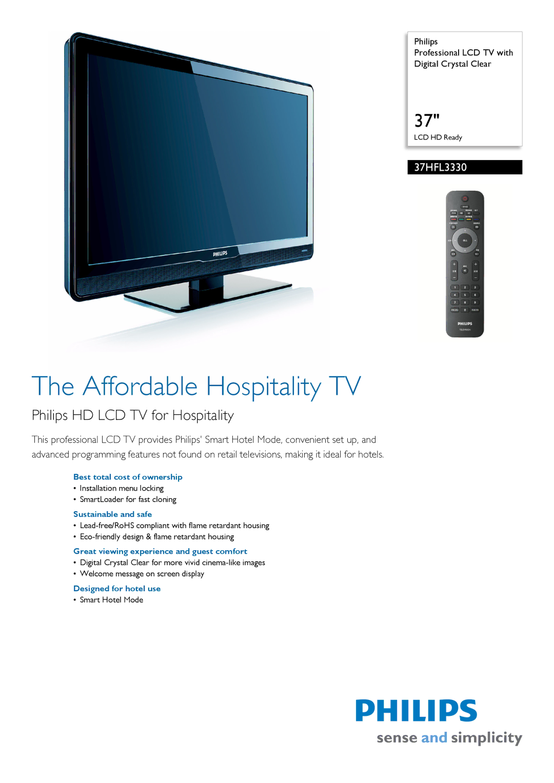 Philips 37HFL3330/93 manual Best total cost of ownership, Sustainable and safe, Great viewing experience and guest comfort 