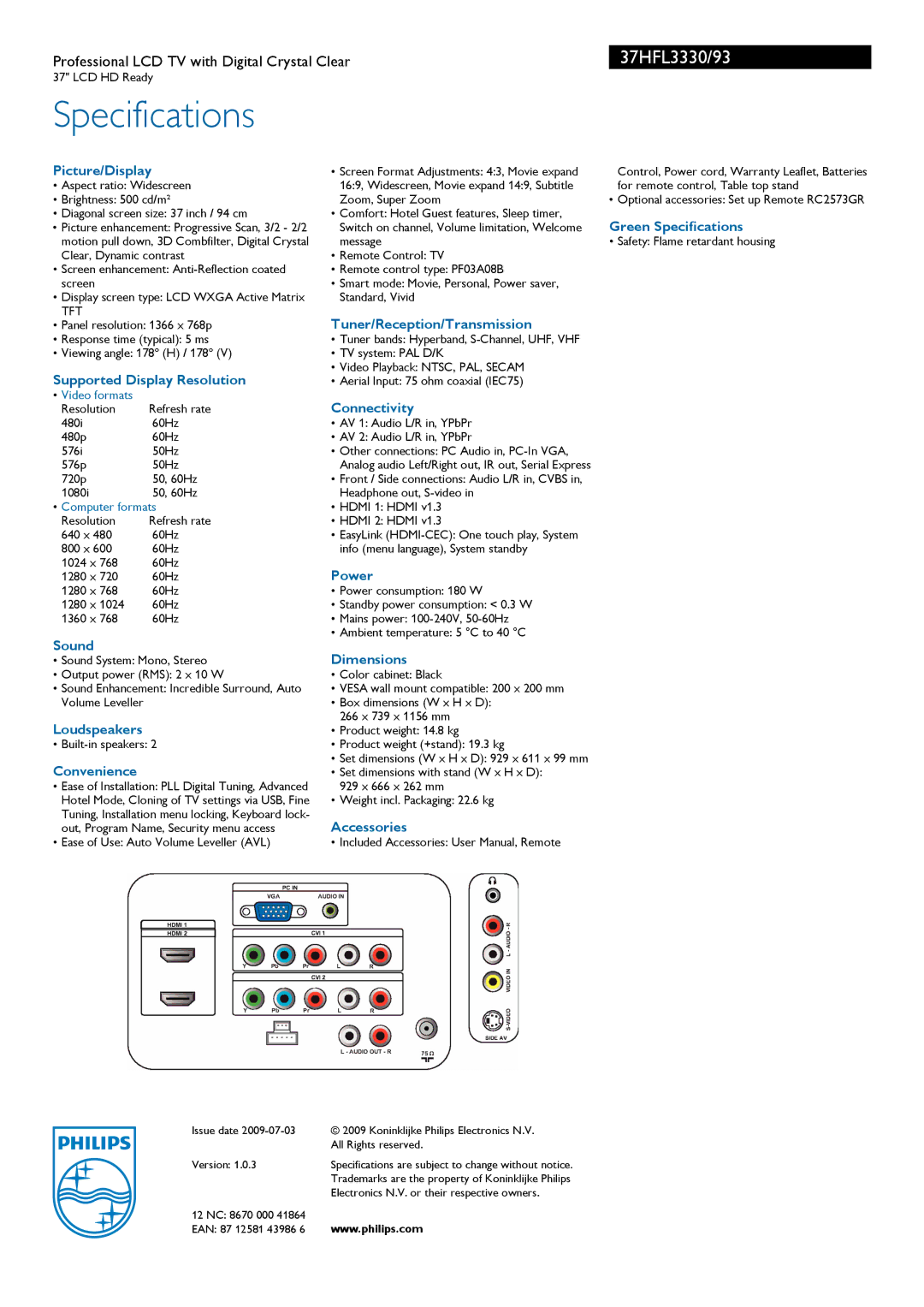 Philips 37HFL3330/93 manual Specifications 