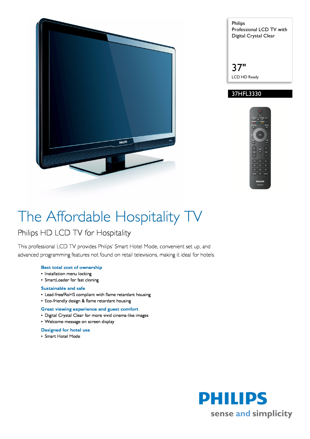 Philips 37HFL3330/93 manual The Affordable Hospitality TV, Philips HD LCD TV for Hospitality 